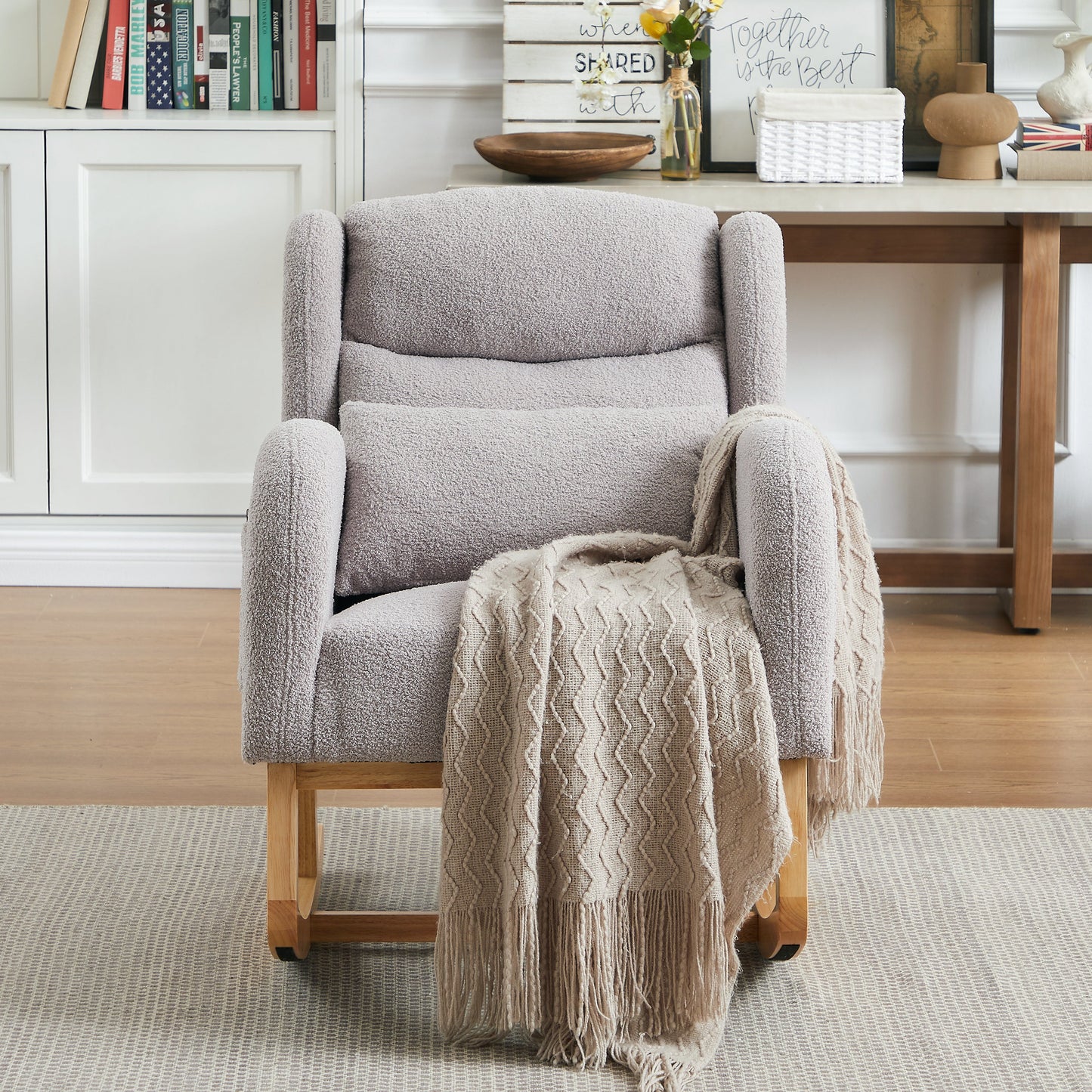 Modern Accent High Backrest Living Room Lounge Arm Rocking Chair, Two Side Pocket