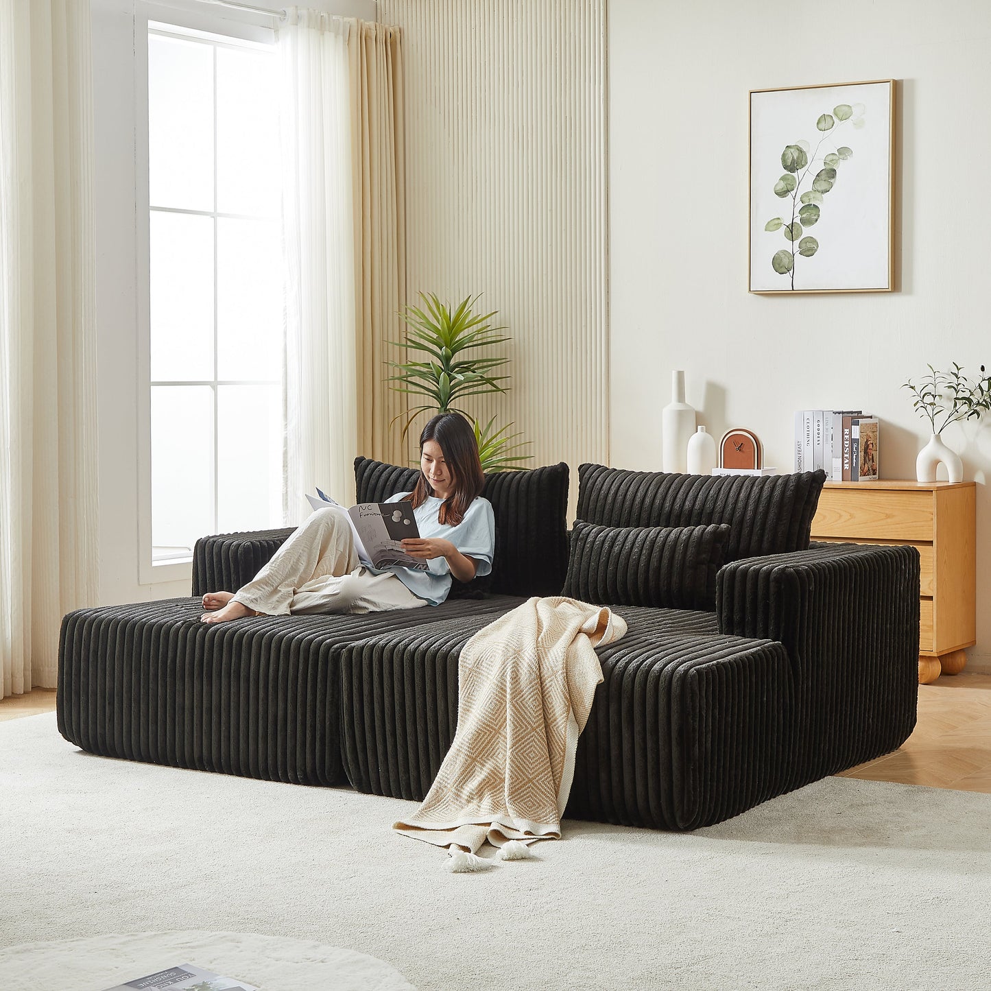 87" Oversized Sectional Lounge Chaise ,No Assembly Required,Cloud Plush Loveseat With Reclining Sofa Bed,Fluffy Modern