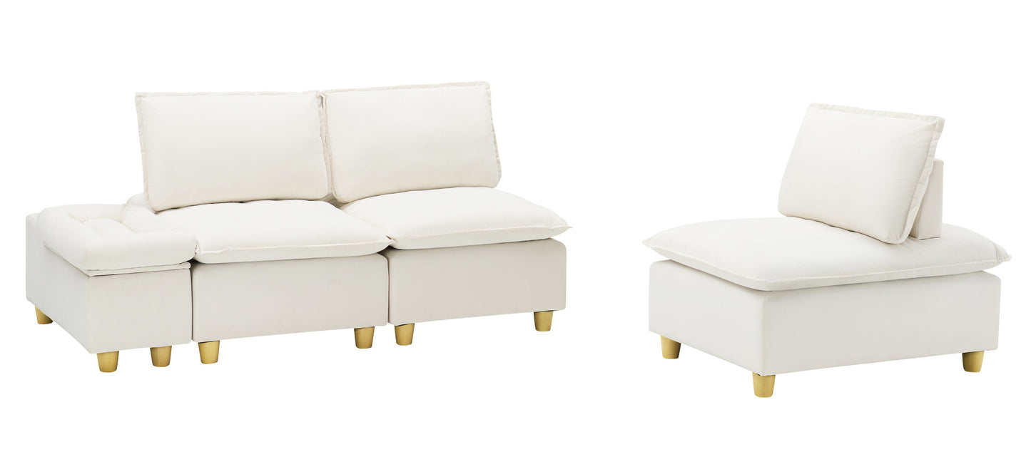 104-Inch Fashionable and Minimalist Straight-Row Three-Seater Off-White Flannel Sofa With a Storage Compartment, Cup Holder