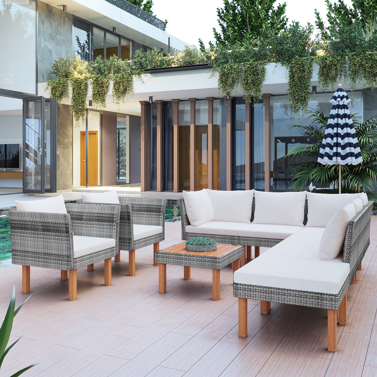 9-Piece Outdoor Patio Garden Wicker Sofa Set, Gray PE Rattan Sofa Set, With Wood Legs, Acacia Wood Tabletop