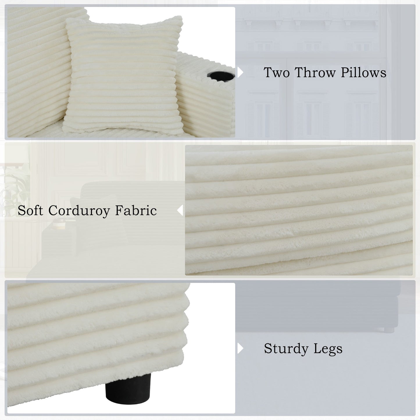86.5" Oversized Loveseat Chaise Lounge Sectional Sofa Bed Corduroy Sleeper Sofa With Two USB Ports , Two Cup Holders