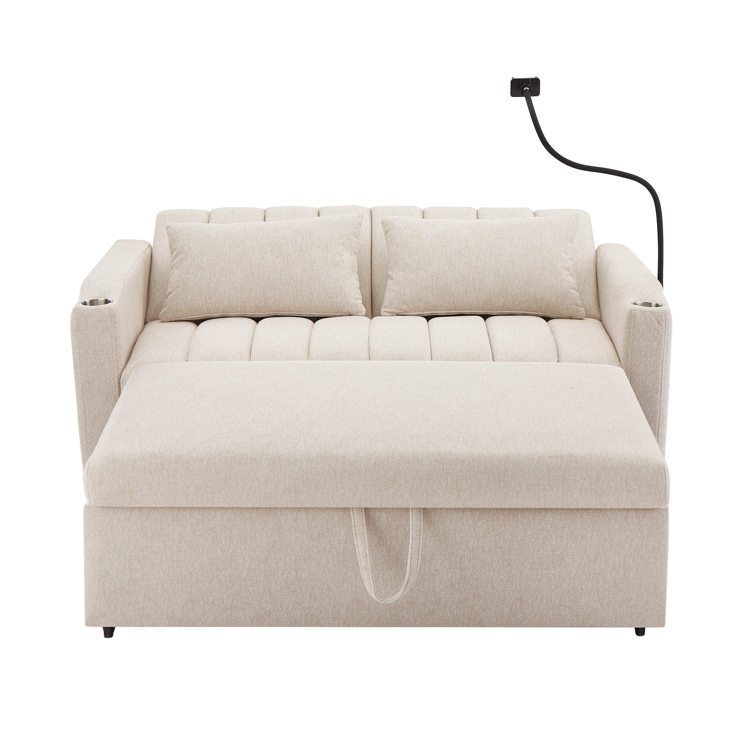 55.9" Convertible Sofa Bed Loveseat Sofa With Three USB Ports, Two Side Pockets, Two Cup Holders