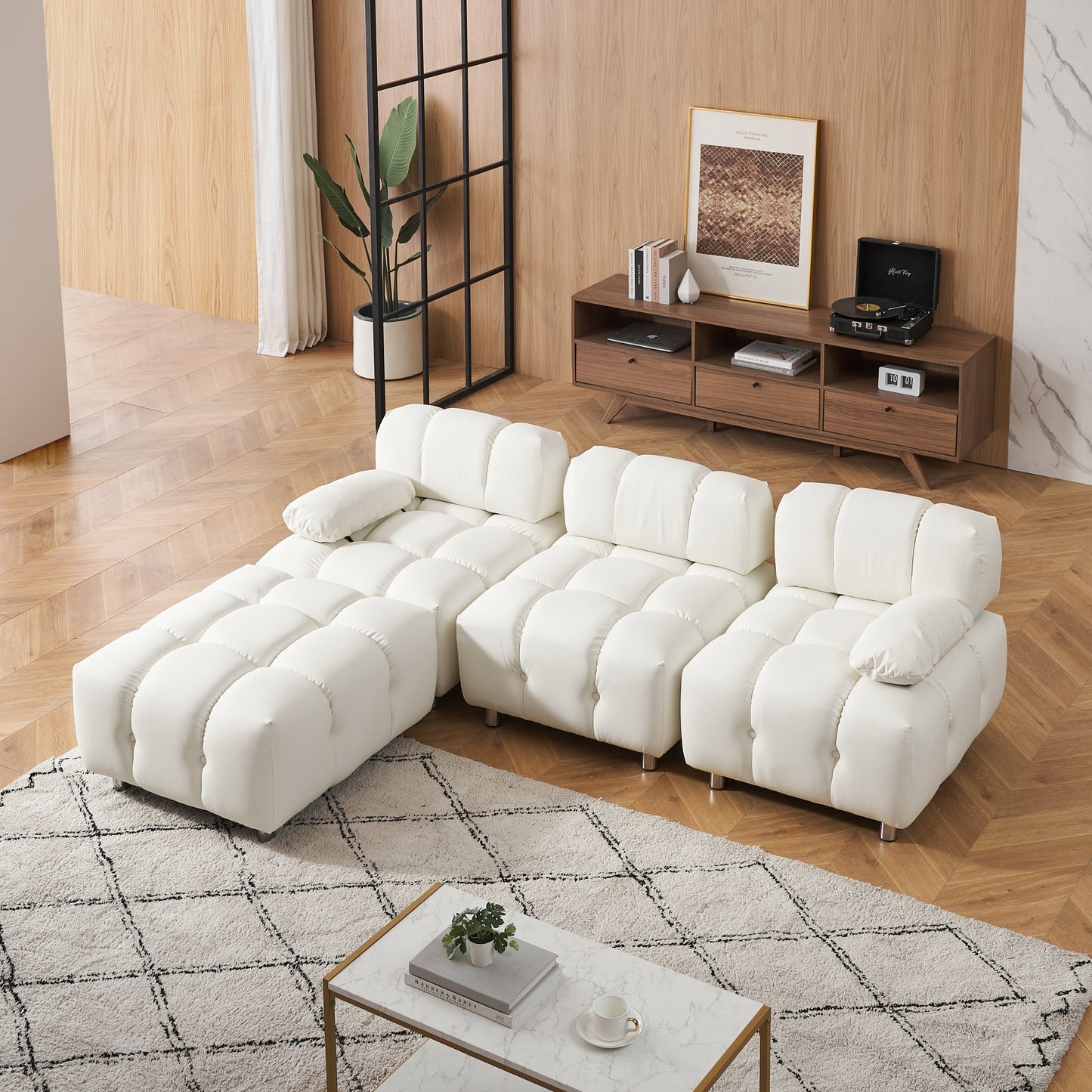 A 90.60-Inch Technology Cloth Beige Sofa, Waterproof, Stain and Cat Scratch Resistant, Can Comfortably Sit