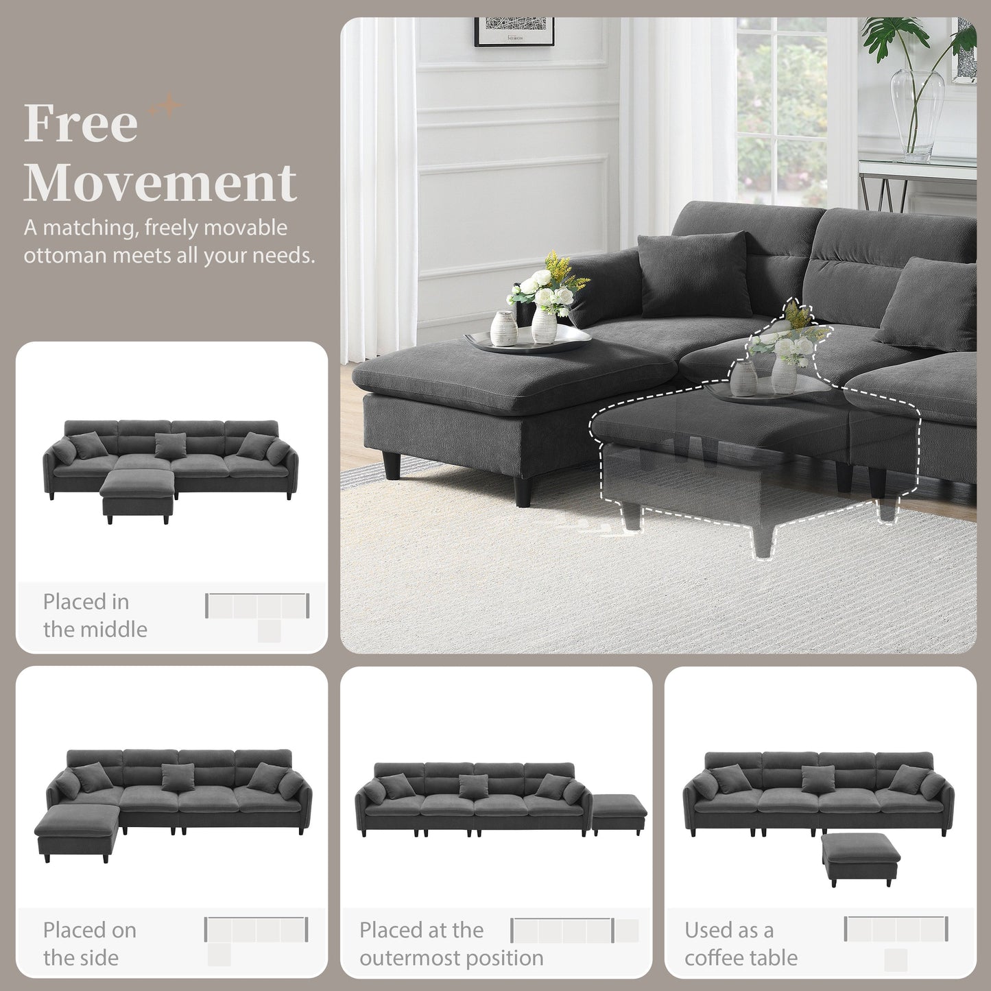 110*62" Modern Convertible Sectional Sofa,L-Shaped Reversible Couch Set With Free Pillows,5 Seat Cloud Chenille Indoor