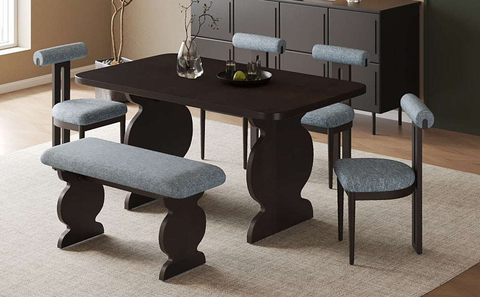 6-Piece Dining Set, Mid-Century Modern Table Set for 6 Persons With 4 Chairs and Bench, Padded Seats and Backrest
