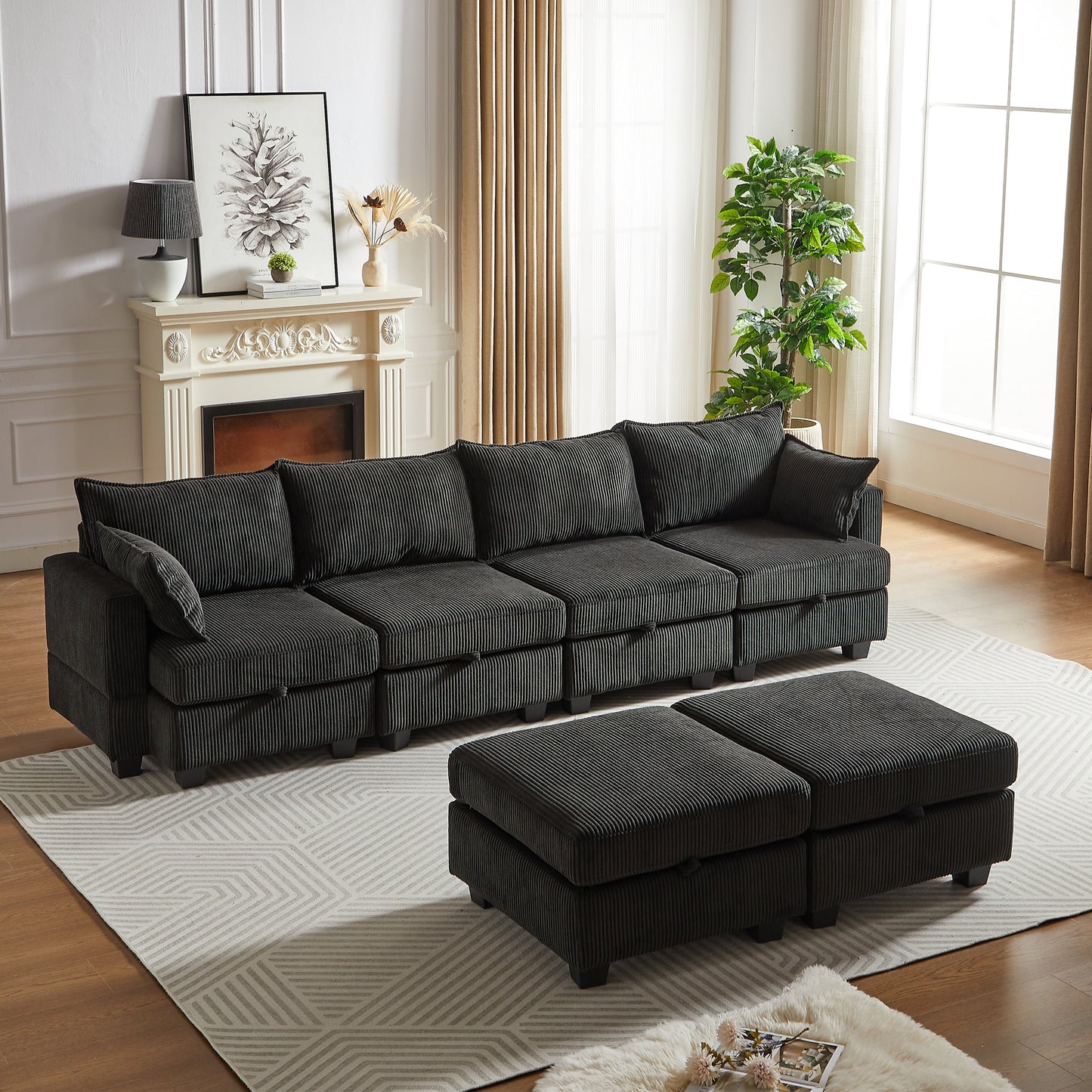 113.5'' Modular Sectiona Corduroy Sofa, Sectional Couches for Living Room U Shaped Sectional Couch With Storage Ottoman