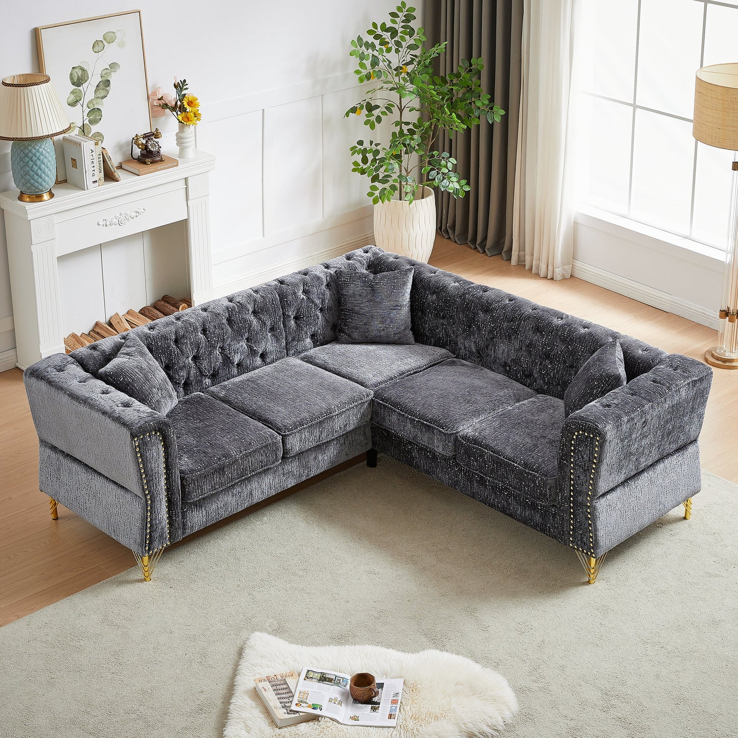 81.5-Inch Chenille Corner Sofa , L-Shaped Sectional Couch, 5-Seater Corner Sofas With 3 Cushions for Living Room, Bedroom