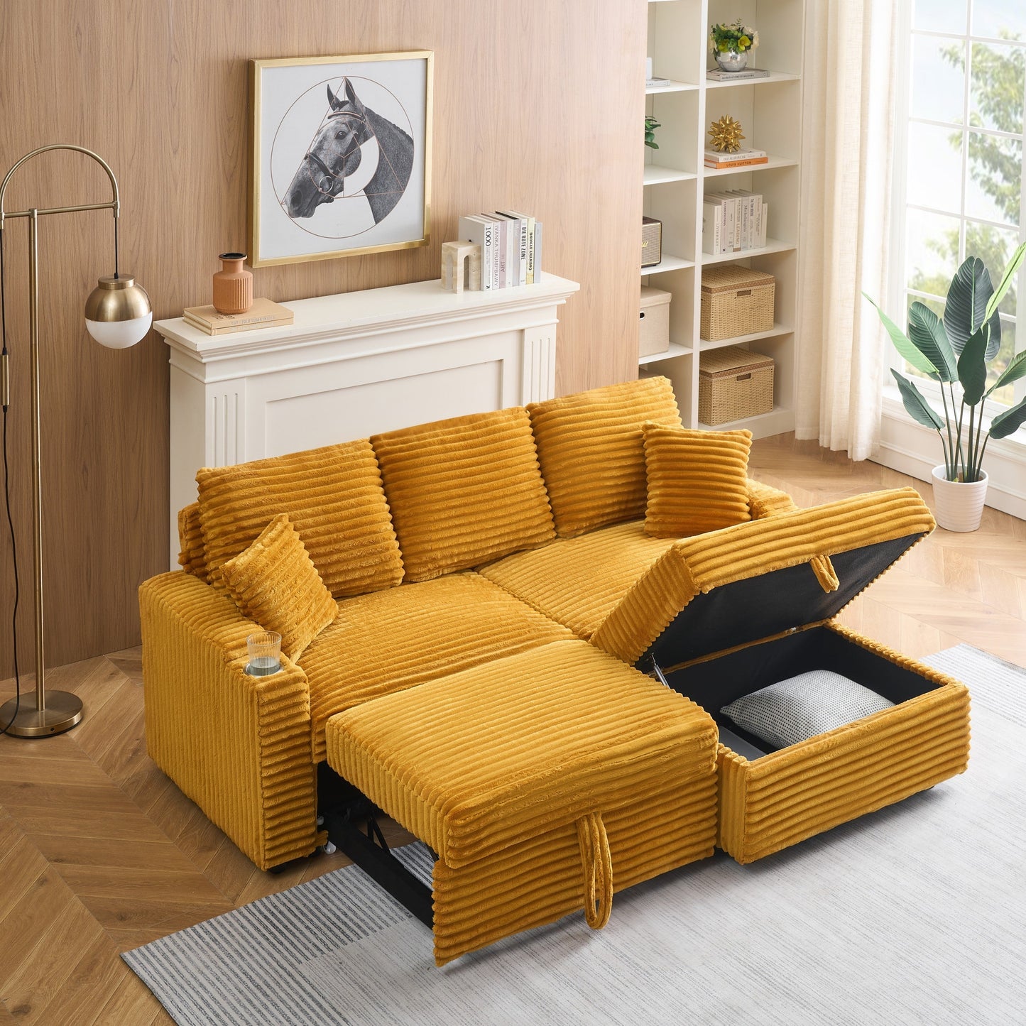 An 80-Inch Foldable and Hidden Chaise Longue Orange Corduroy Sofa With Cup Holders on the Armrests, a Footrest and Storage