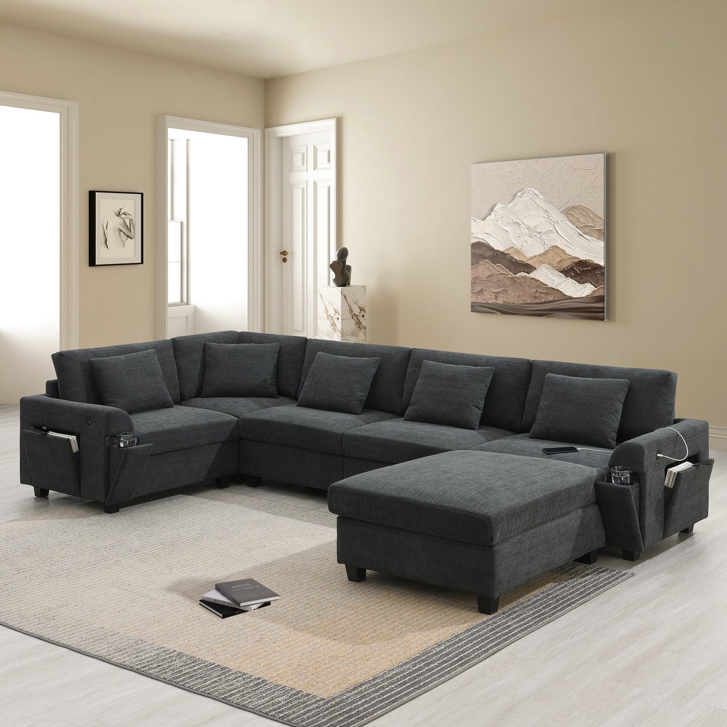 128*67" U Shaped Sectional Sofa,6 Seat Chenille Couch Set With Oversized Ottoman,Hidden Armrest Storage and Cup Holders