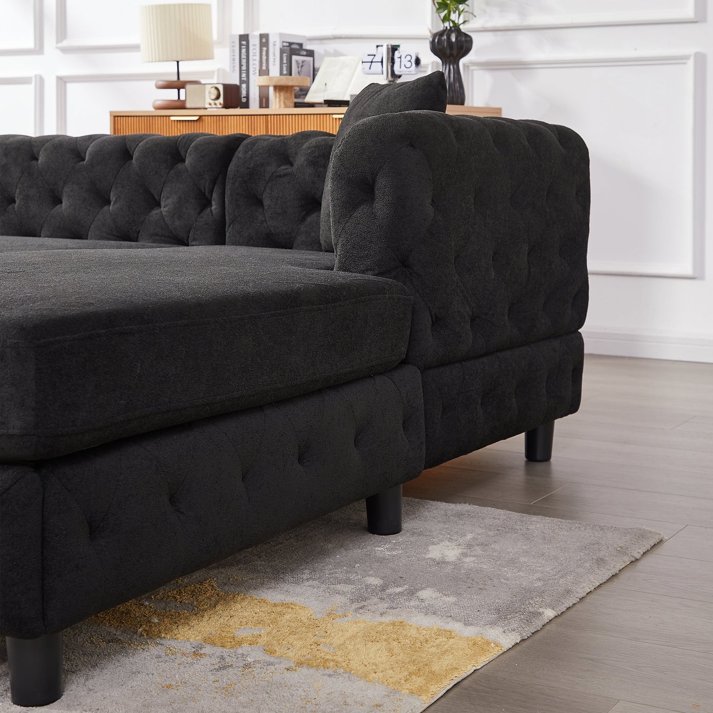 126-Inch Modern Style Chenille Three Piece Sofa, Pull Point Design U-Shaped Sofa Two Chaise Longue Seats, Two Pillows