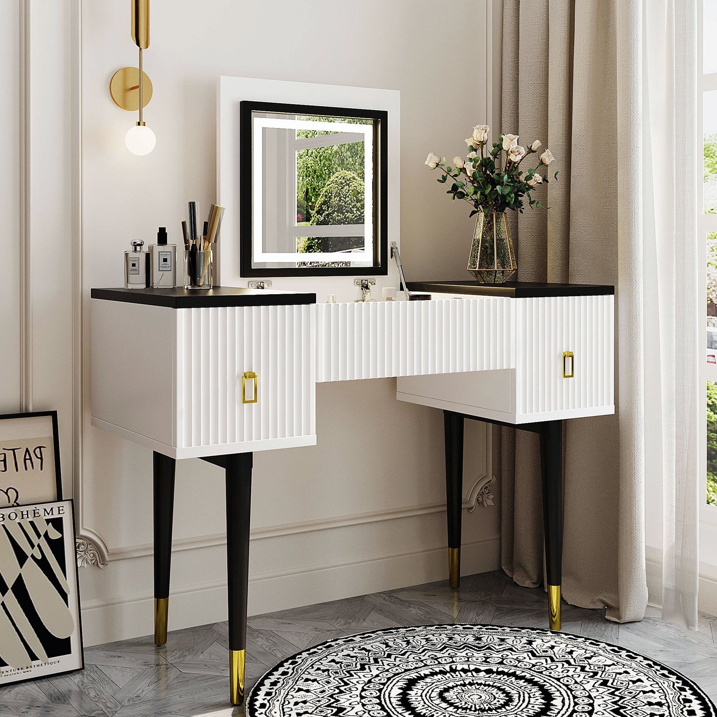 43.3" Modern Vanity Table Set With Flip-Top Mirror and LED Light, Dressing Table With Customizable Storage