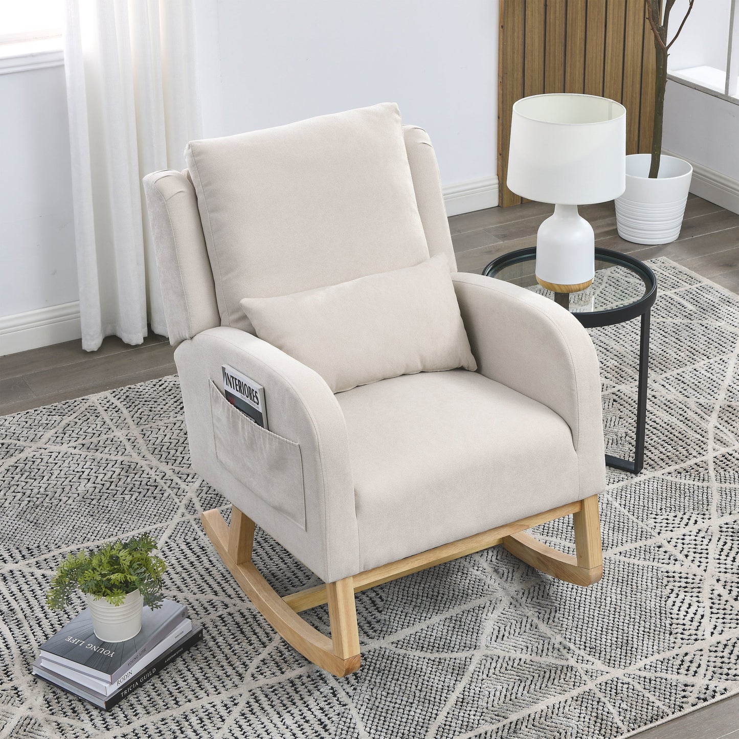 27.5 "W Modern Accent High Back Living Room Casual Armchair Rocker With One Lumbar Pillow, Two Side Pockets