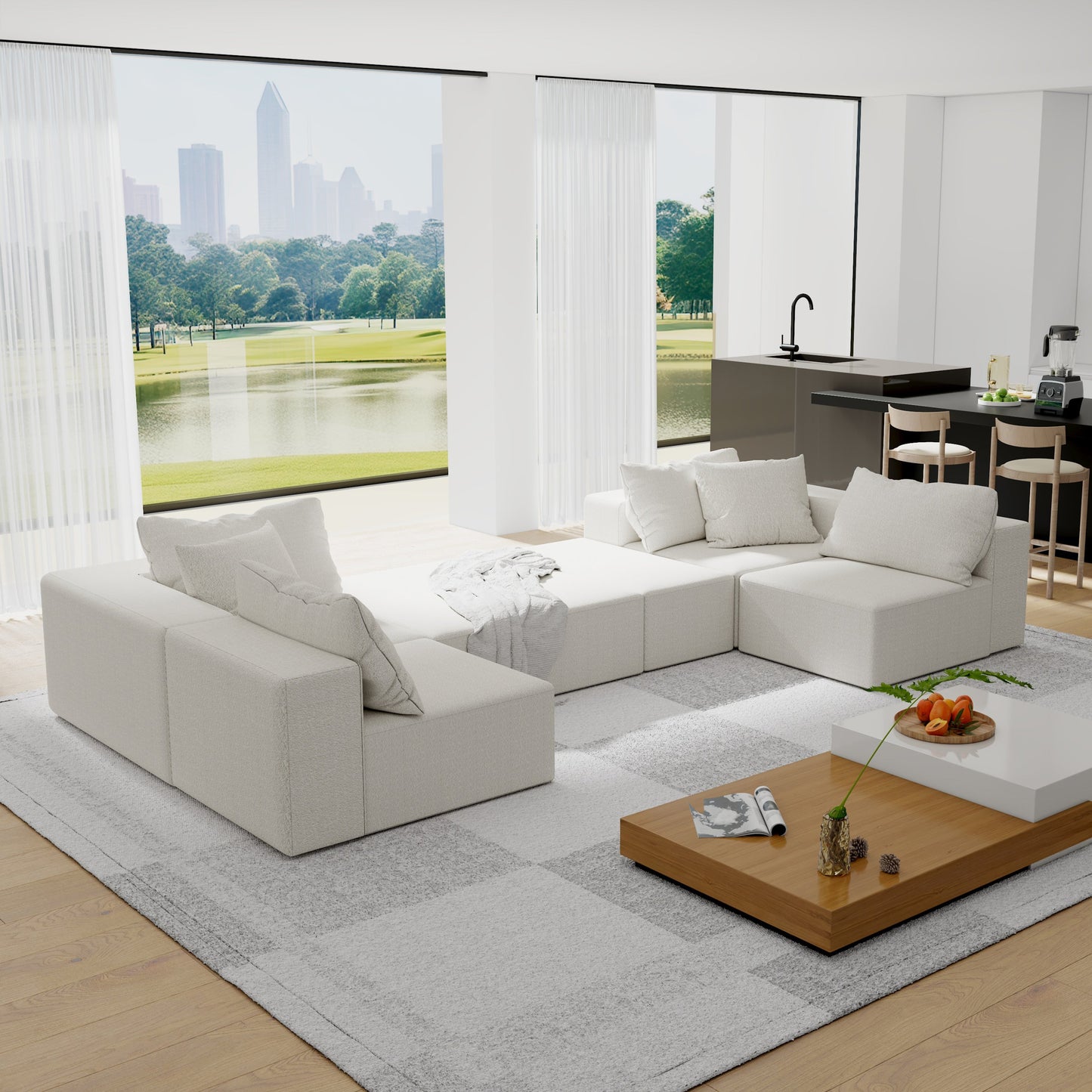 Modern Upholstered Sectional Sofa Couch Set,Modular 132" L Shaped Sectional Living Room Sofa Set With 6 Pillows,Free Com