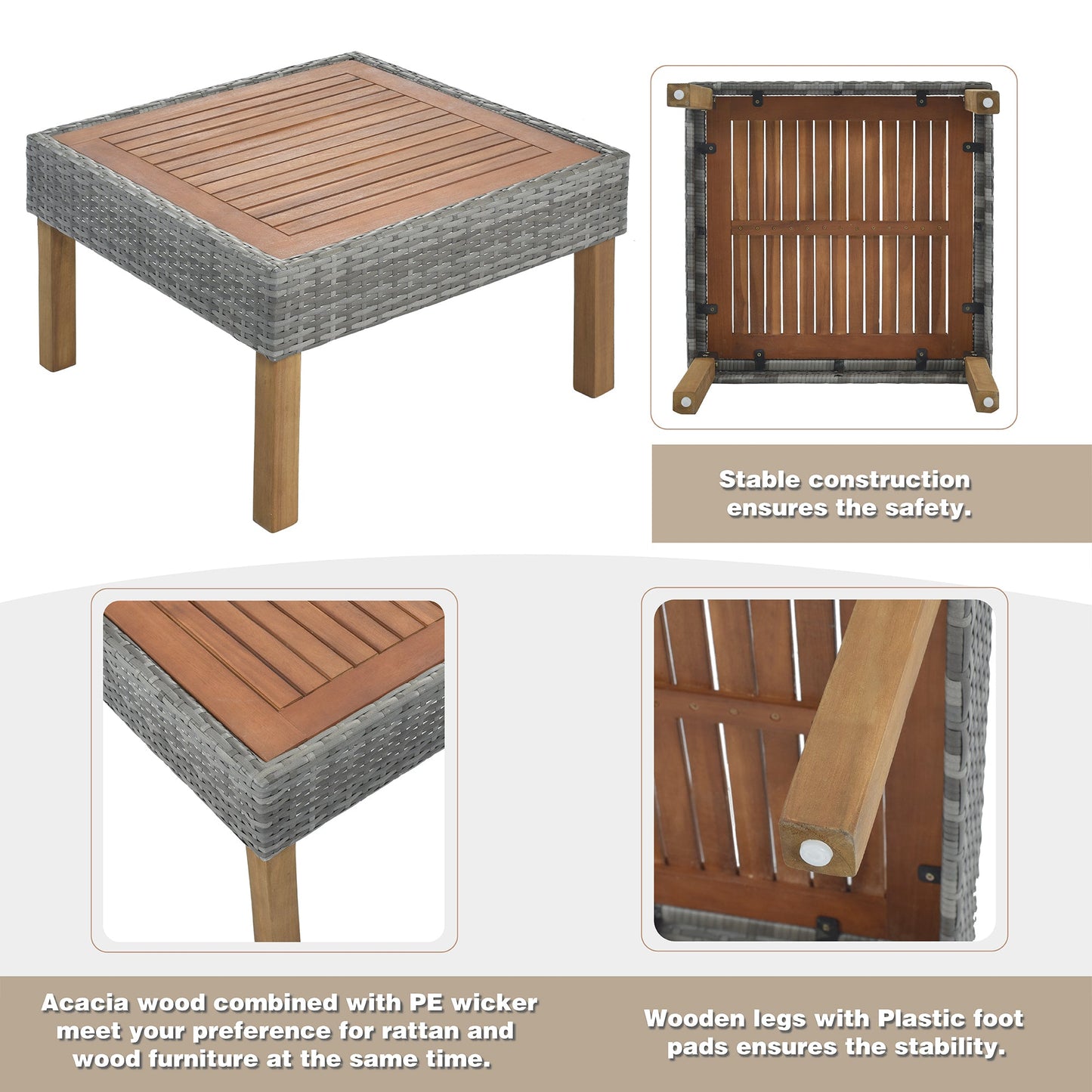 9-Piece Outdoor Patio Garden Wicker Sofa Set, Gray PE Rattan Sofa Set, With Wood Legs, Acacia Wood Tabletop