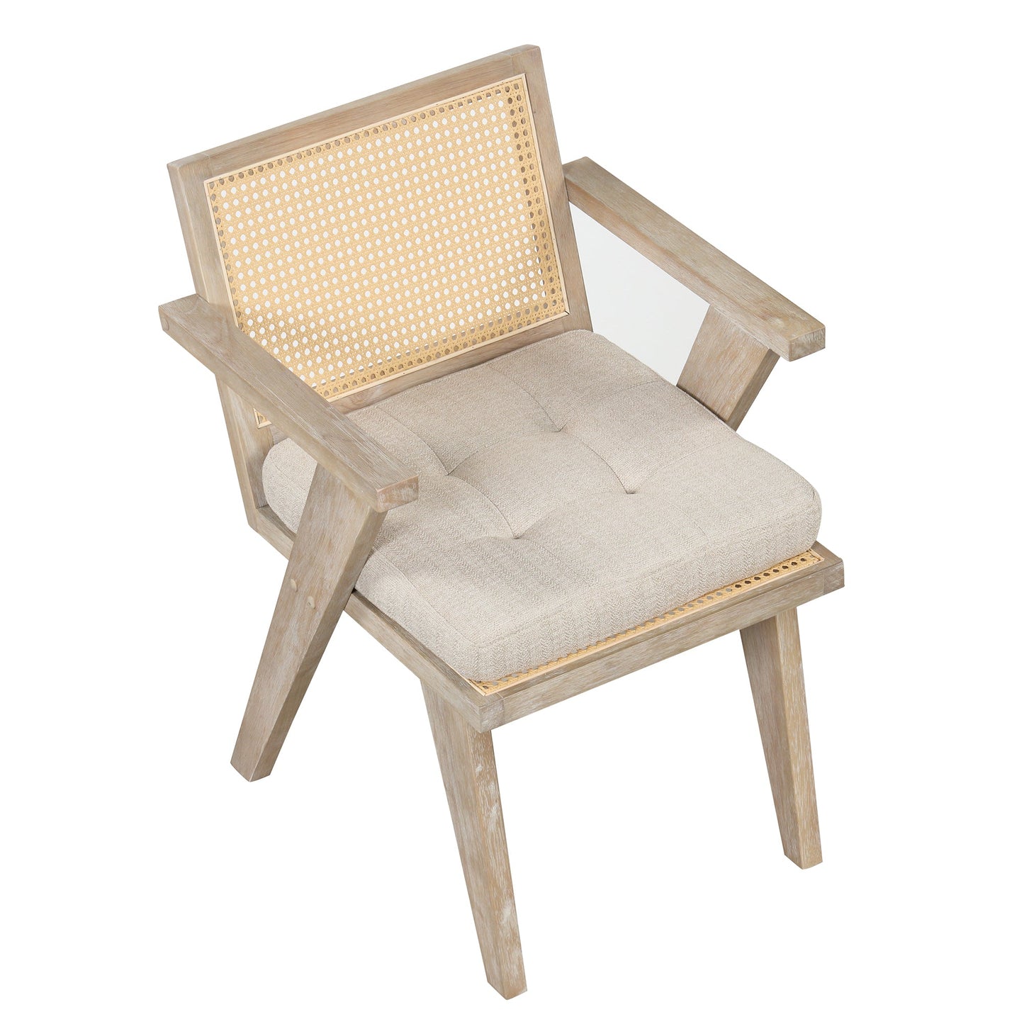 Mid-Century Accent Chair With Handcrafted Rattan Backrest and Padded Seat for Leisure, Bedroom, Kitchen, Living Room