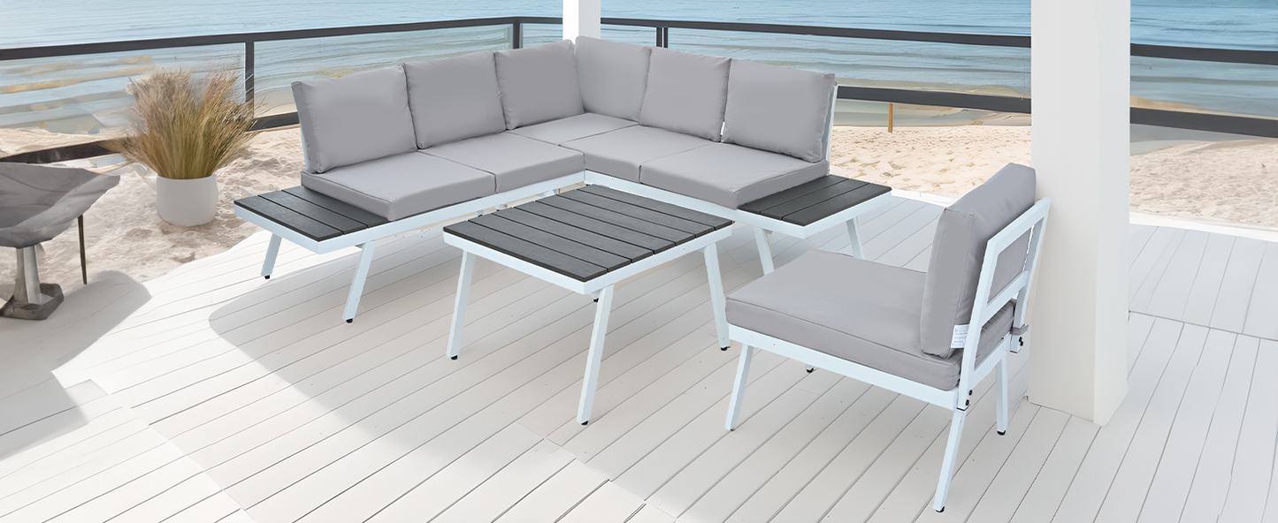 Industrial 5-Piece Aluminum Outdoor Patio Furniture Set, Modern Garden Sectional Sofa Set With End Tables, Coffee Table