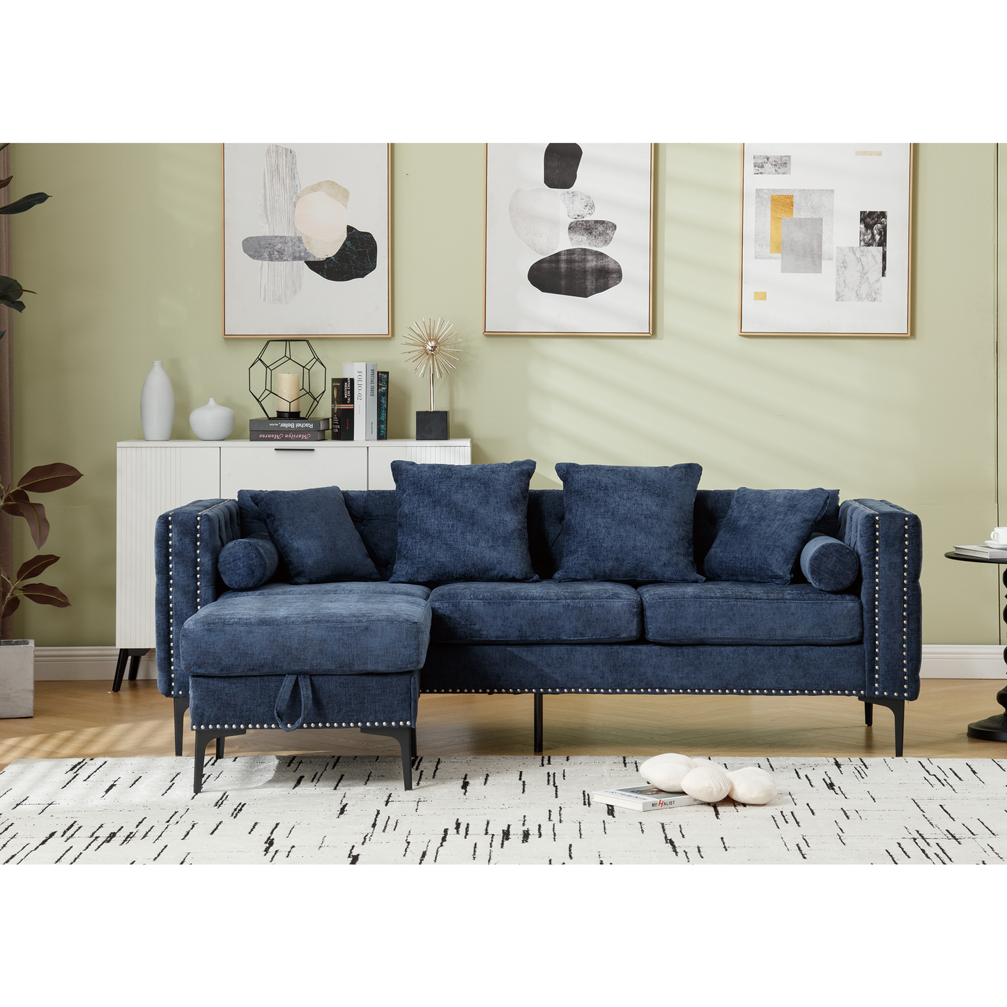 L Shaped Sectional Sofa , Convertible Storage Ottoman,Chenille ,Square Arm, Modern Tufted Couch ,3 Seater