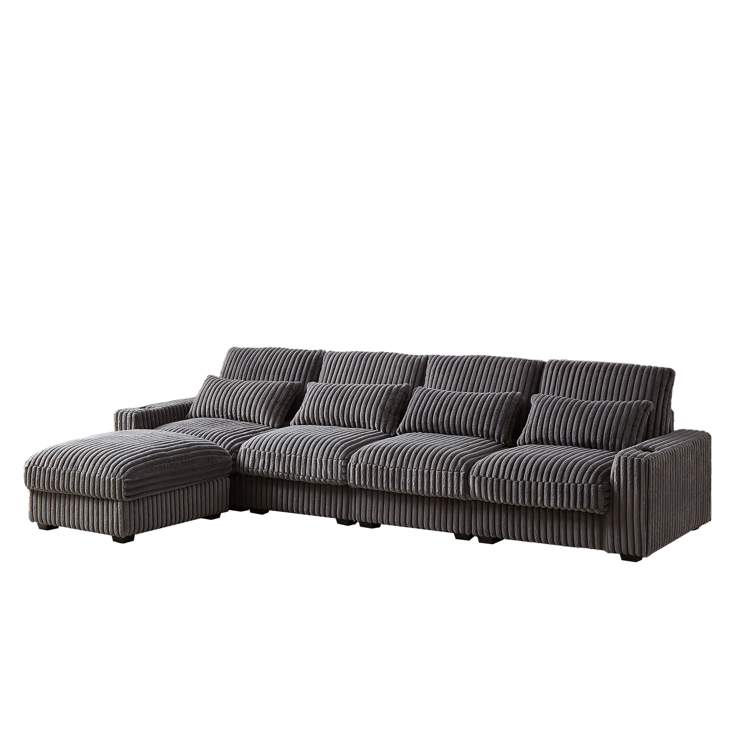 126-Inch Corduroy With Cup Holder Super Large L-Shaped Sofa, Movable Footrest, Four Waist Pillows and Four Back Cushion