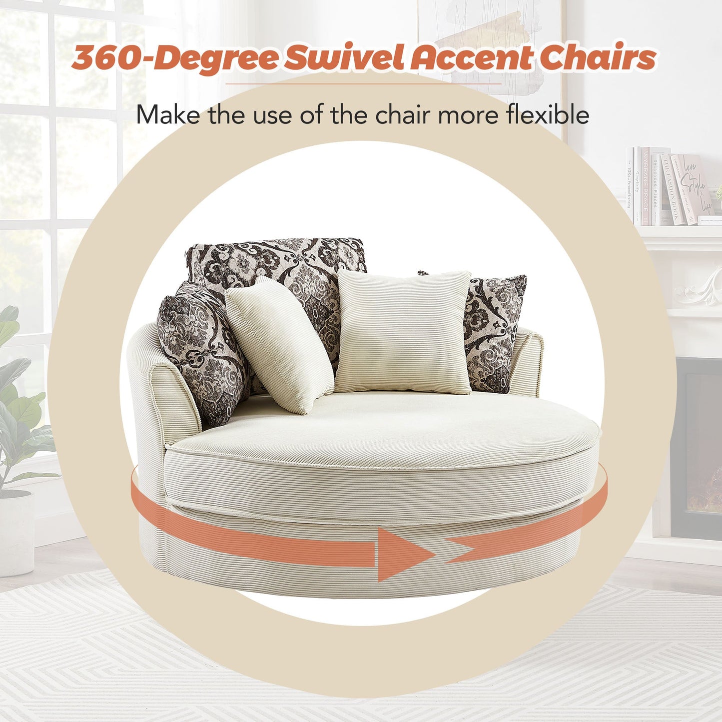 Swivel Accent Barrel Chair With 5 Movable Pillow 360 Degree Swivel Round Sofa Chair for Living Room,Bedroom, Hotel