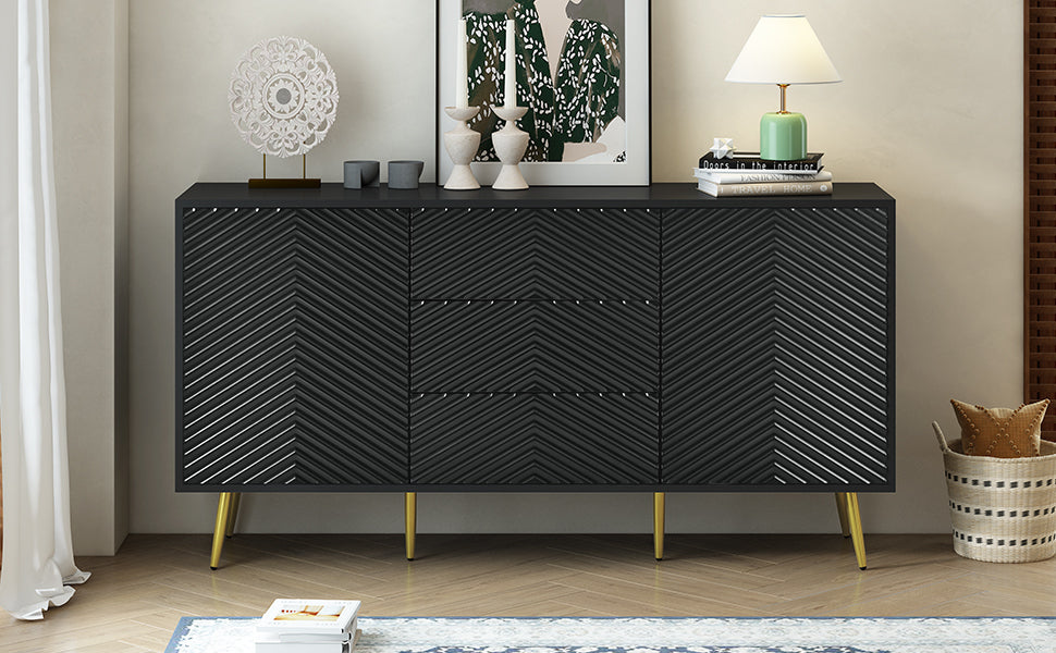 Modern Sideboard With Geometric Line Design, Conical Metal Legs, and Central Drawers for Stylish Storage