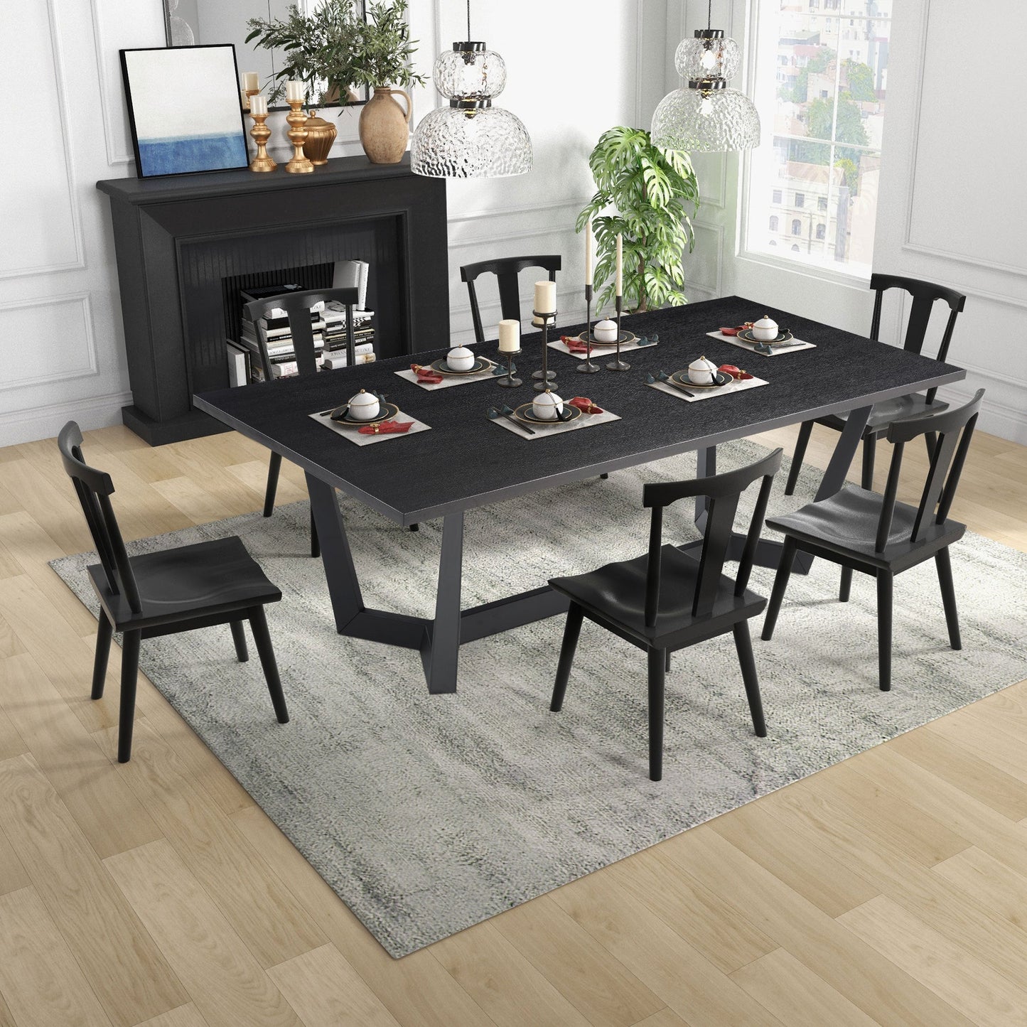 Rectangular MDF Dining Table Mid Century Modern for Dining Room Balcony Cafe Bar Conference Matt Black