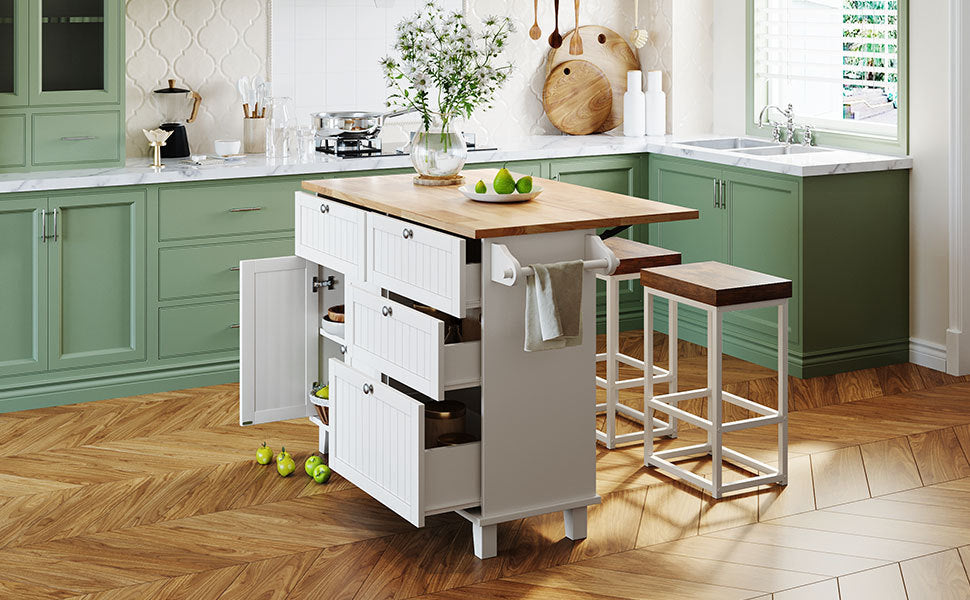 Farmhouse Kitchen Island Set With Drop Leaf and 2 Seatings,Dining Table Set With Storage Cabinet, Drawers and Towel Rack