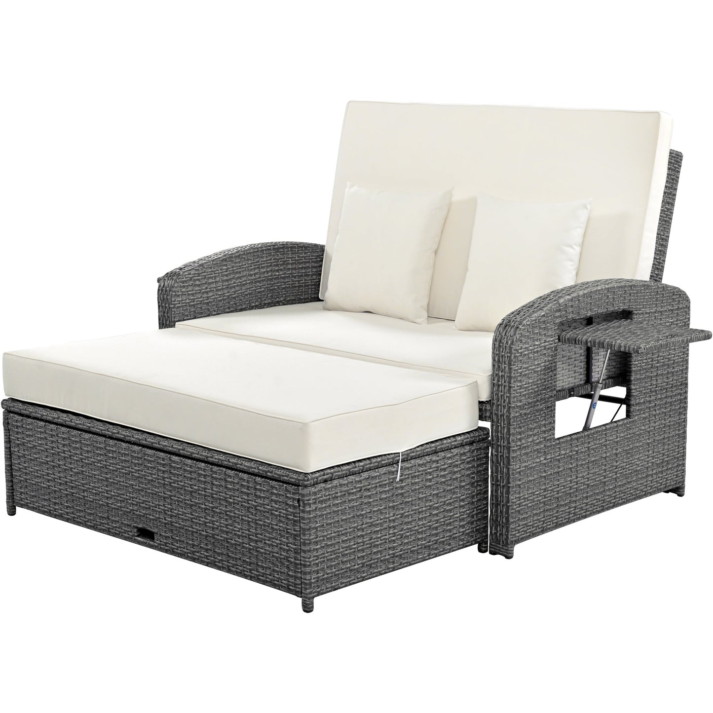 PE Wicker Rattan Double Chaise Lounge, 2-Person Reclining Daybed With Adjustable Back and Cushions