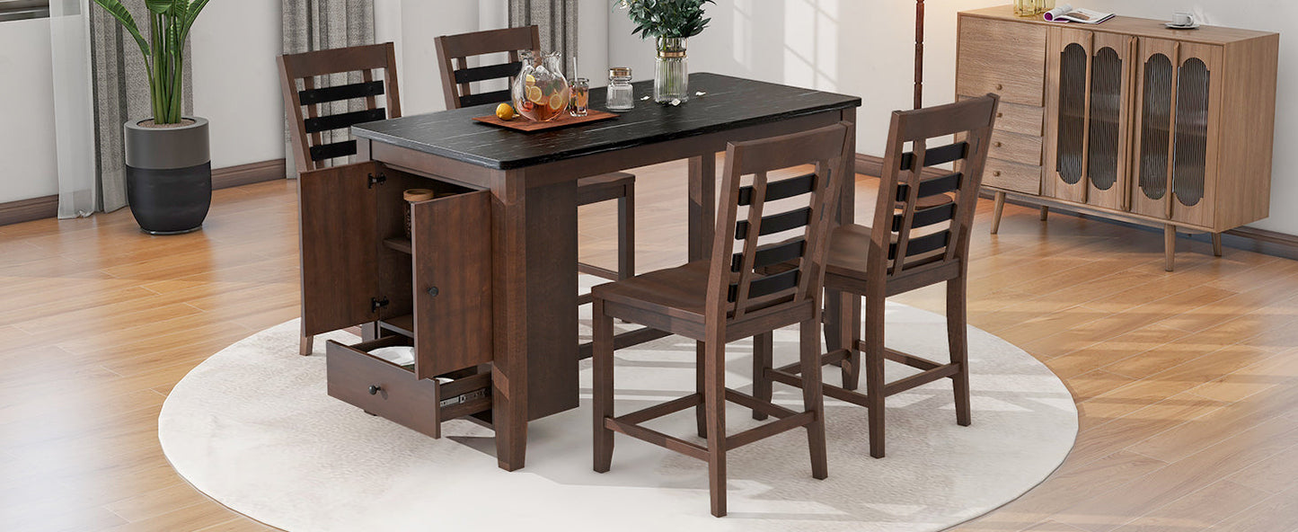 Counter Height 5-Piece Dining Table Set With Faux Marble Tabletop, Solid Wood Table Set With Storage Cabinet and Drawer