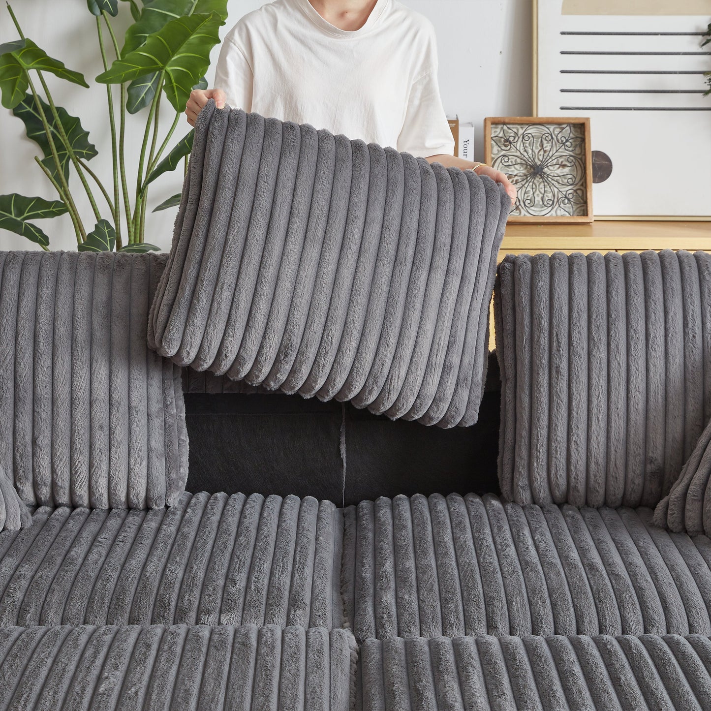 84Inch Corduroy 3-Seater Sofa With 3 Back Pillows ,2 Toss Pillows , a Ottoman ,2storage Spaces and Cup-Holding Grooves