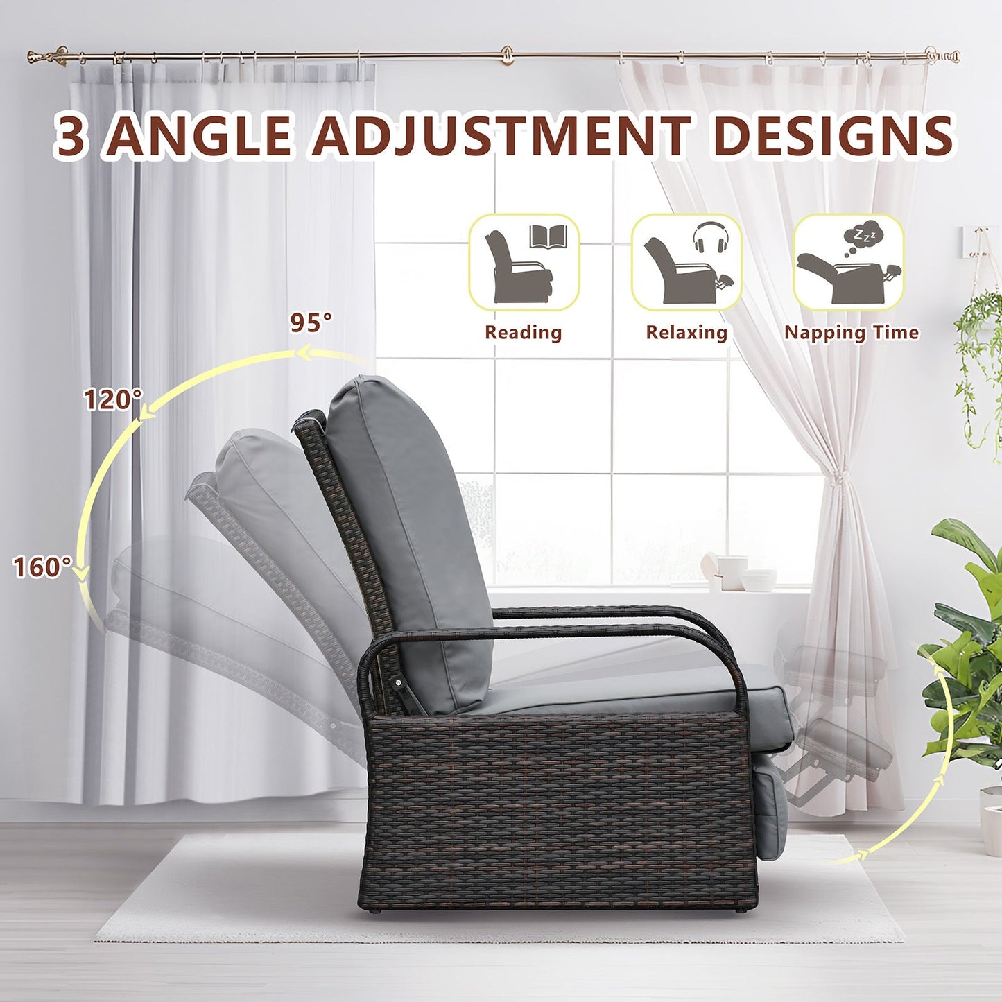 Outdoor Recliner Chair; Automatic Adjustable Wicker Lounge Recliner Chair With 5.12'' Thicken Cushion