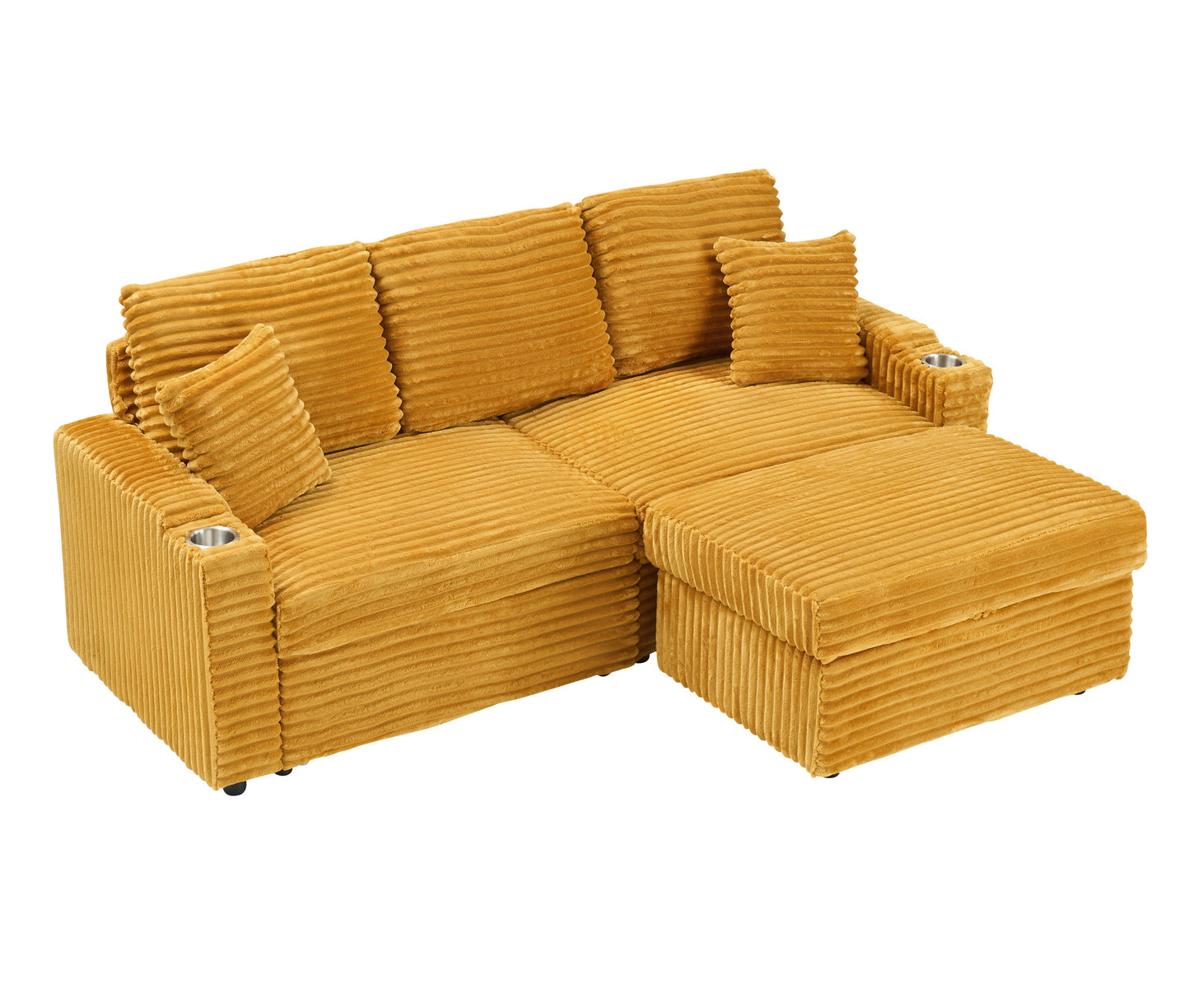 An 80-Inch Foldable and Hidden Chaise Longue Orange Corduroy Sofa With Cup Holders on the Armrests, a Footrest and Storage