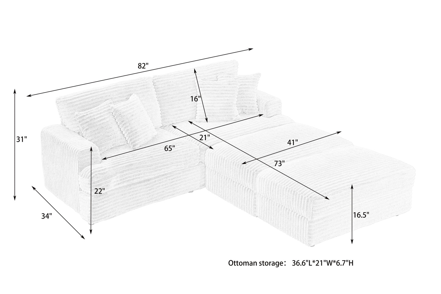 82 Inches Gray Corduroy Sofa, Two Storage Feet +4 Throw Pillows, Create a Living Room, Office Fashion New Darling