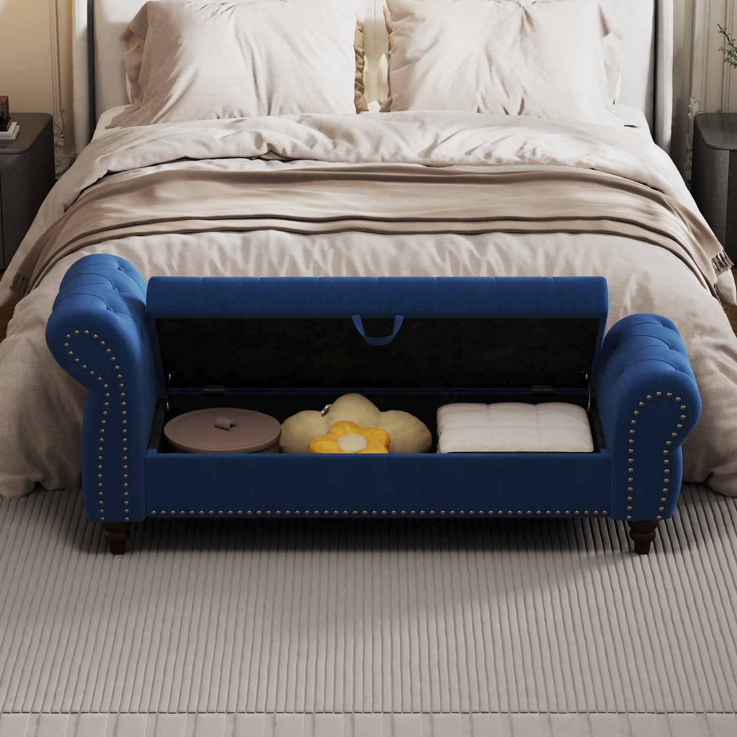 64.5" Bed Bench for Bed Room Nails Tufted Chaise of Lounge With Storage Velvet Upholstery Navy Blue