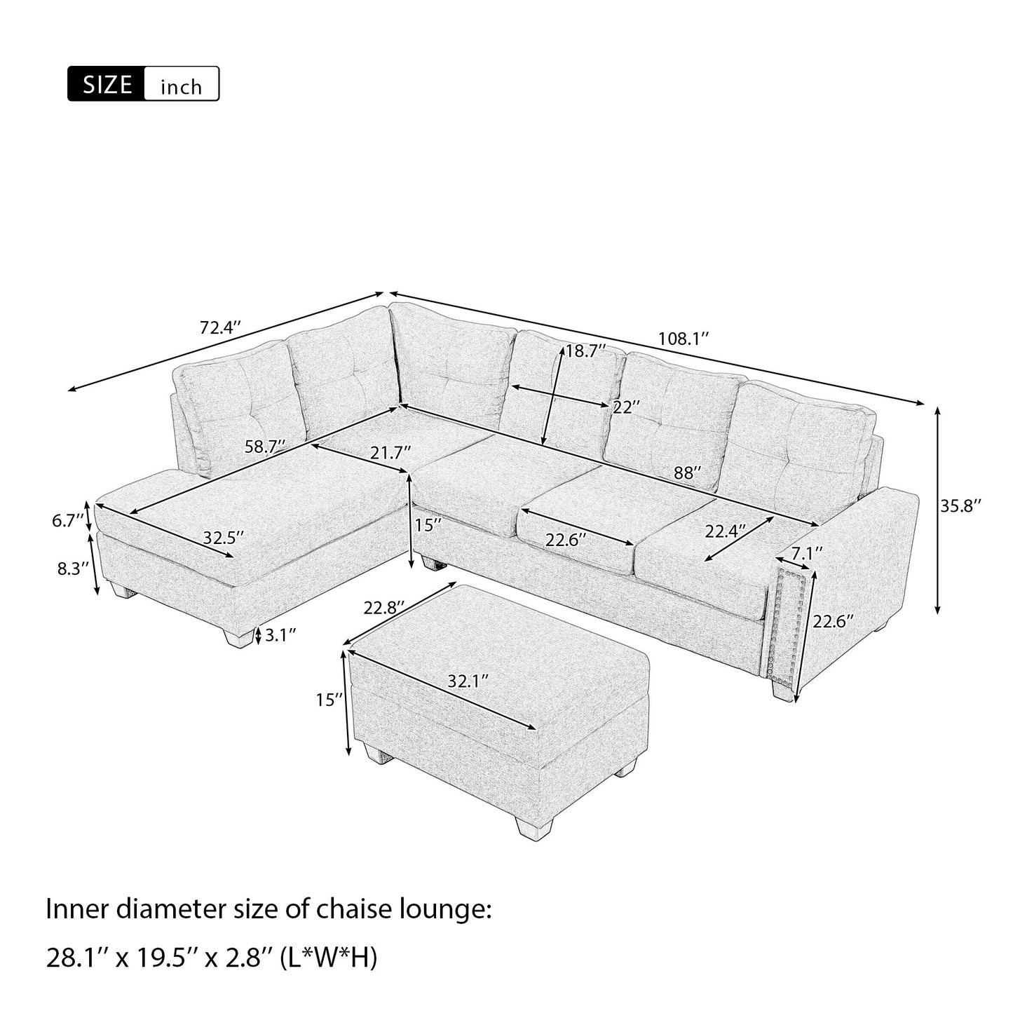 Reversible Sectional Sofa Space Saving With Storage Ottoman Rivet Ornament