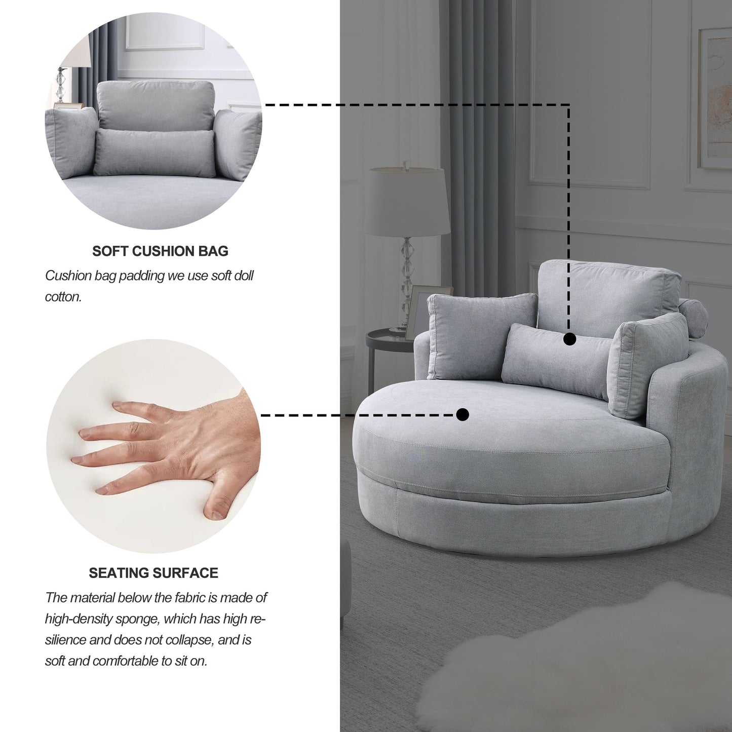 Swivel Accent Barrel Modern Grey Sofa Lounge Club Big Round Chair With Storage Ottoman Linen Fabric for Living Room