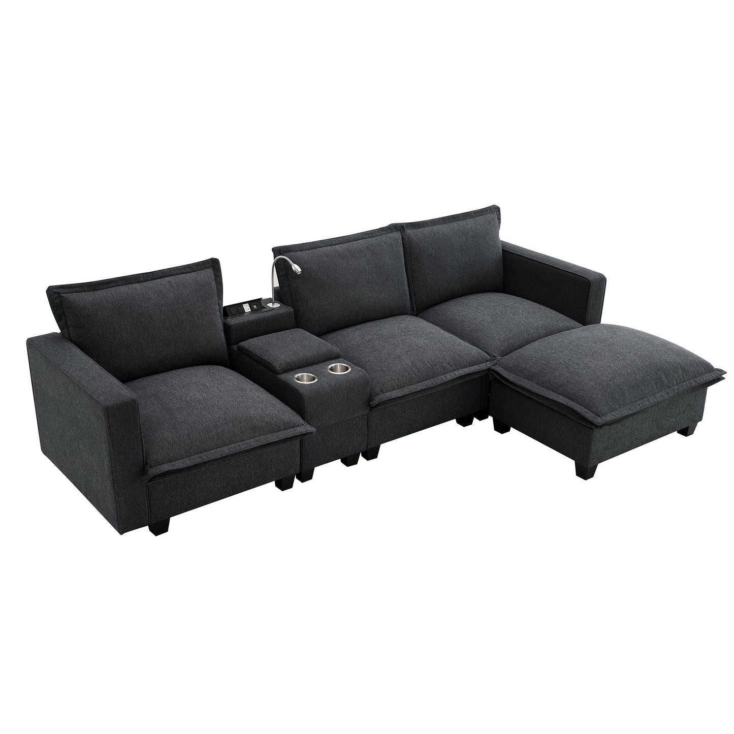 109*57" Modern Sectional Cloud Sofa With Console,USB Charger,Reading Light,Cup Holder,Wide Seat,4 Seat Chenille Modular