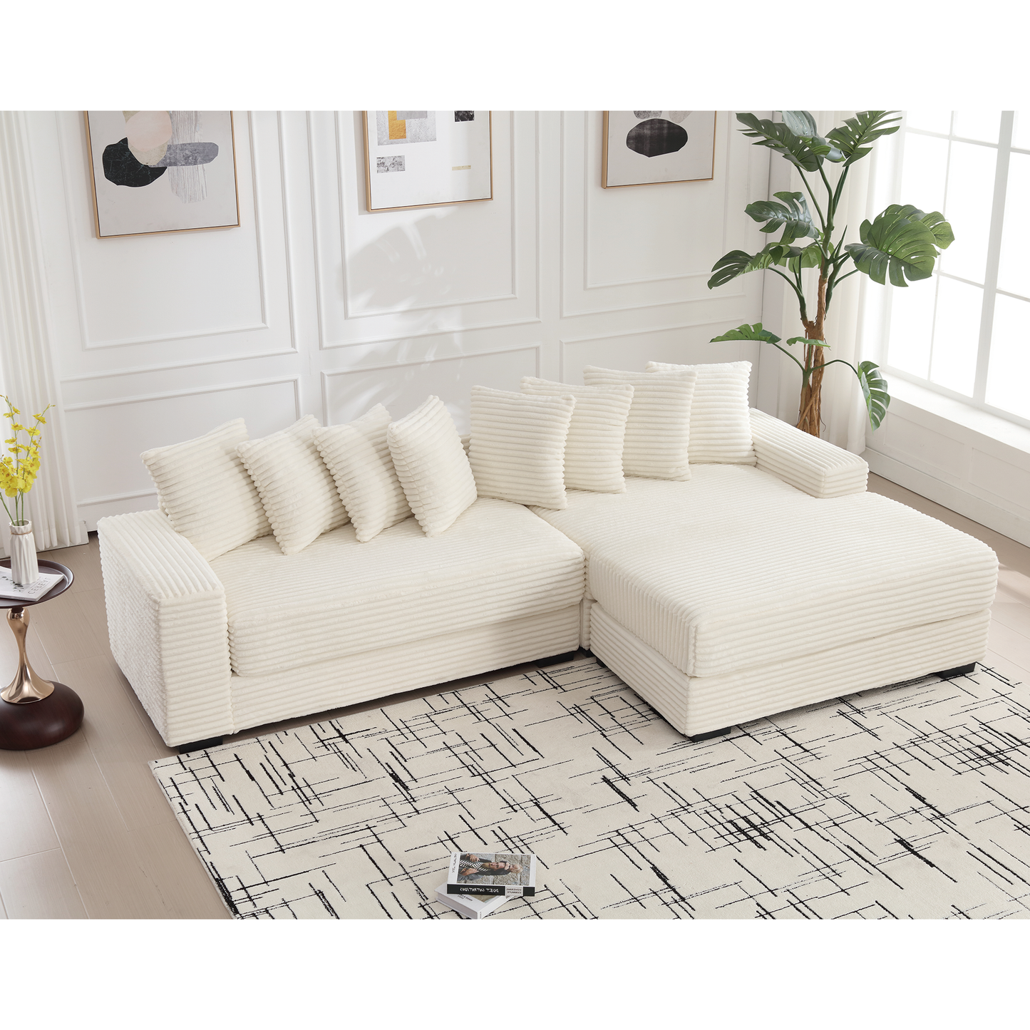 Oversized Two-Piece Couches, L Shaped Sofa, Corduroy, Right Chaise Daybed,with Armrests,Eight Throw Pillows,Corner Sofa