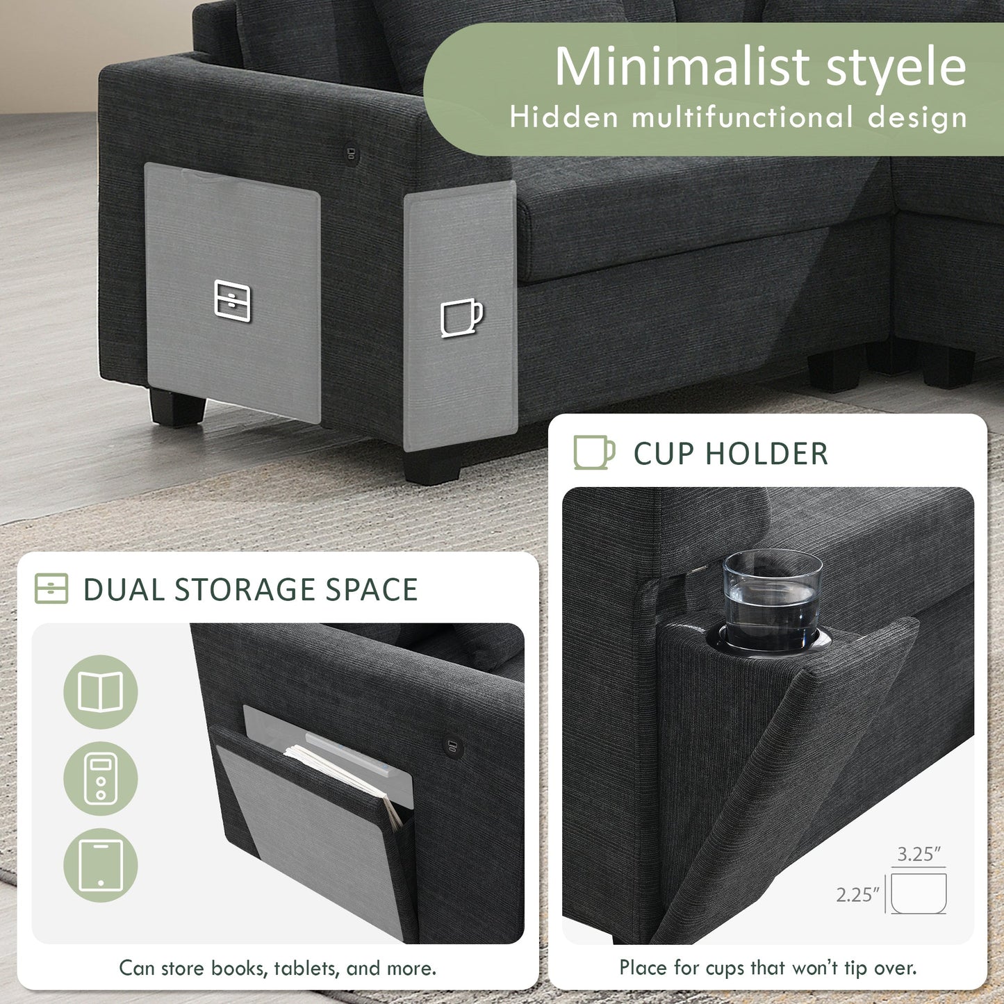 128*67" U Shaped Sectional Sofa,6 Seat Chenille Couch Set With Oversized Ottoman,Hidden Armrest Storage and Cup Holders