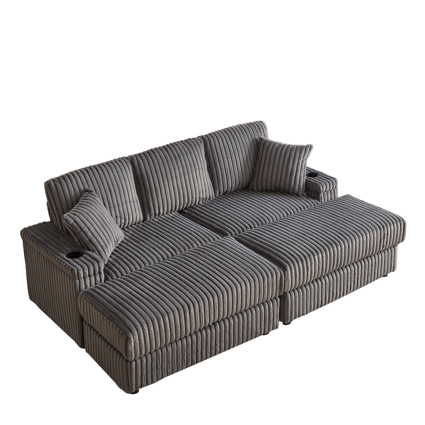 84Inch Corduroy 3-Seater Sofa With 3 Back Pillows ,2 Toss Pillows , a Ottoman ,2storage Spaces and Cup-Holding Grooves