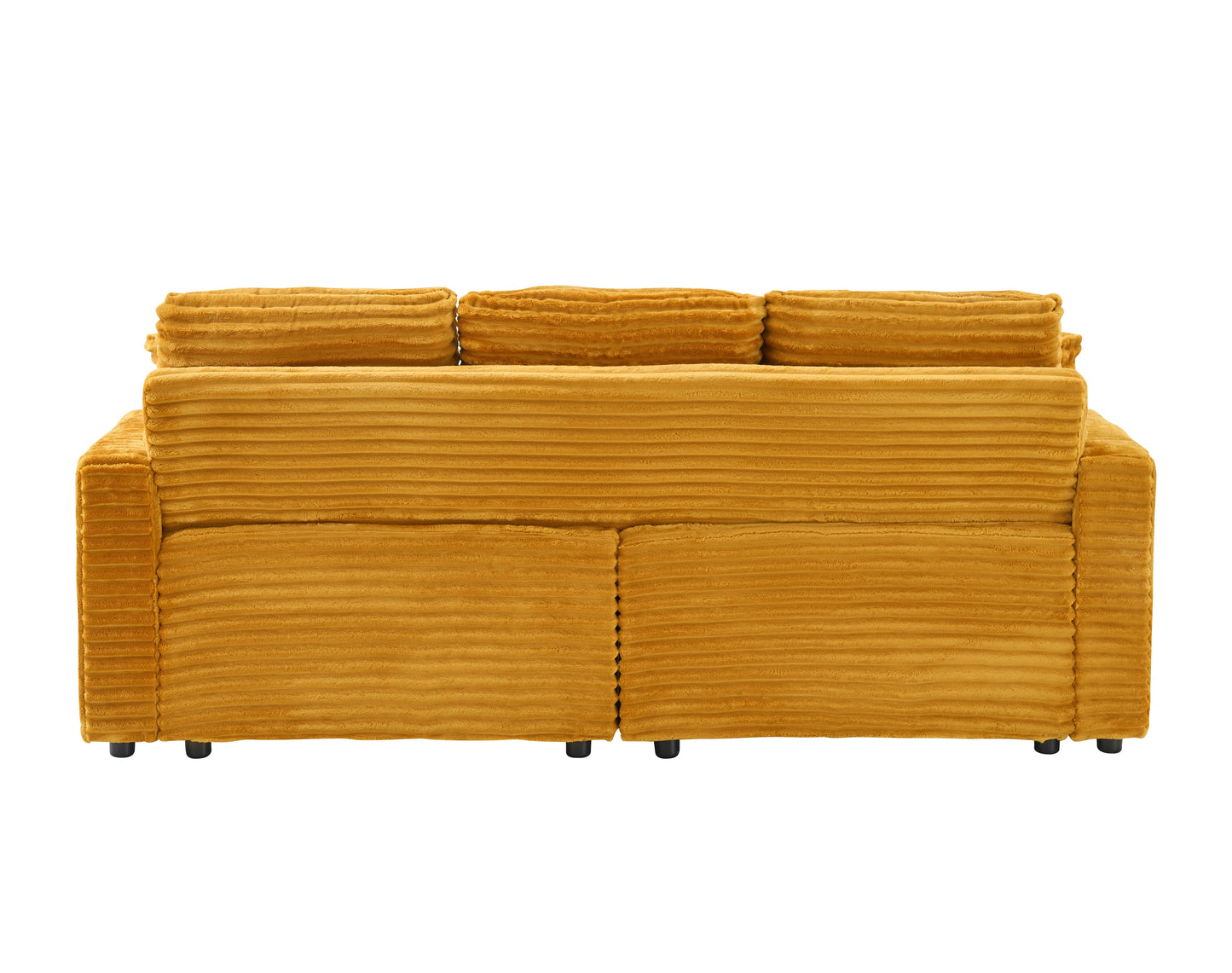 An 80-Inch Two-In-One Pull-Out, Foldable and Hidden Chaise Longue Orange Corduroy Sofa With Cup Holders and Pillows