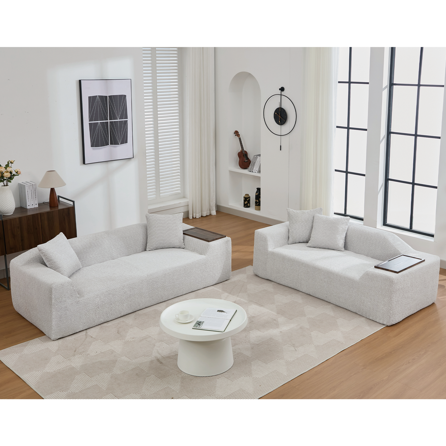 2 Piece Boucle Cloud Sofa Set, Upholstered Sofa Set, Modern 3 Seater and 2 Seater Sofa With MDF End Table for Living Room