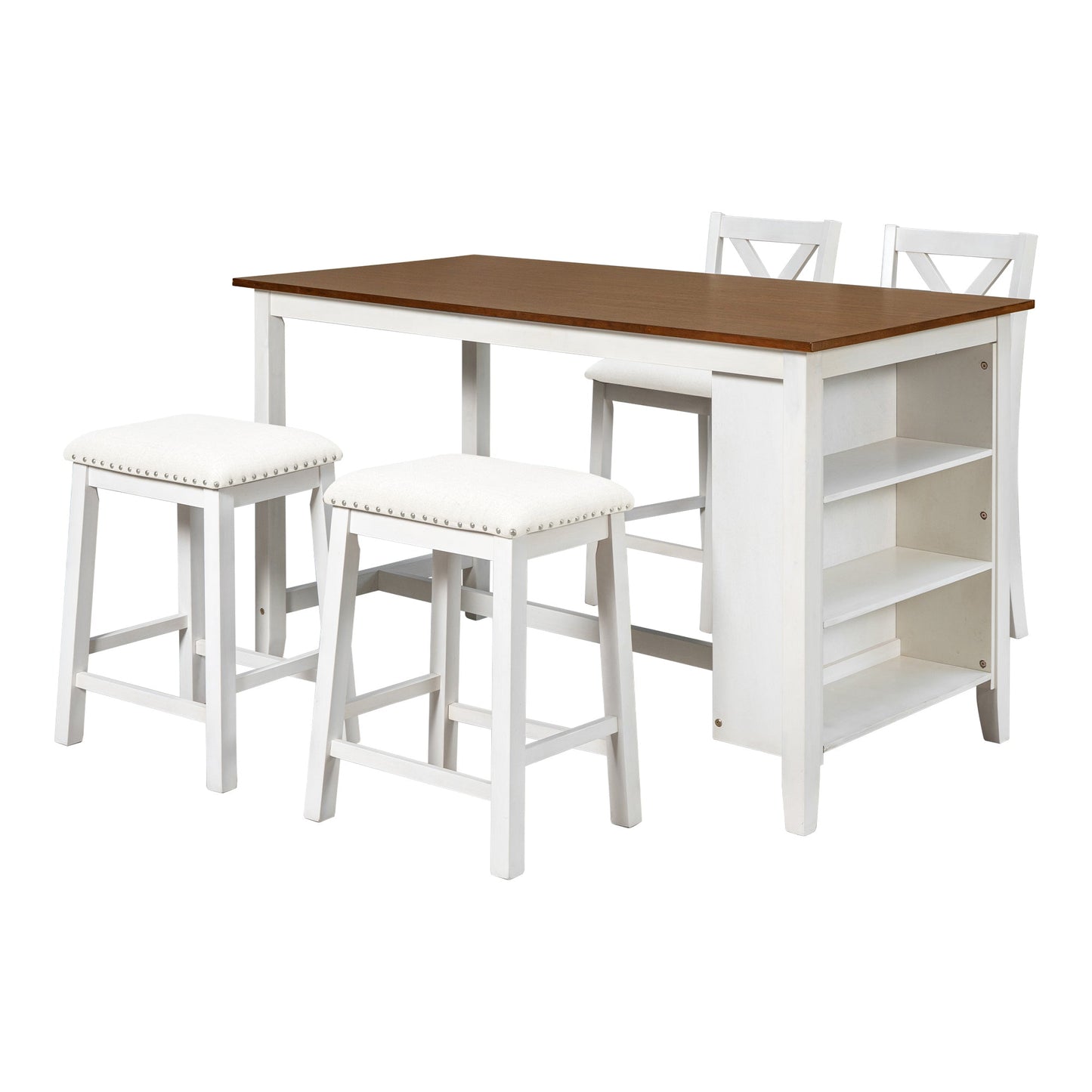 5 Pieces Counter Height Rustic Farmhouse Dining Room Wooden Bar Table Set With 2 Stools and 2 Chairs, White