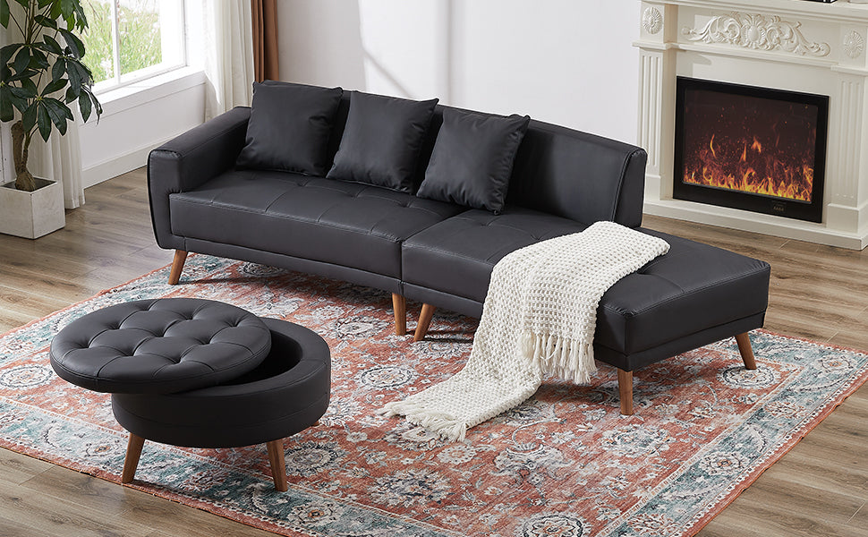 107" Contemporary Sofa Stylish Sofa Couch With a Round Storage Ottoman and Three Removable Pillows for Living Room, Black