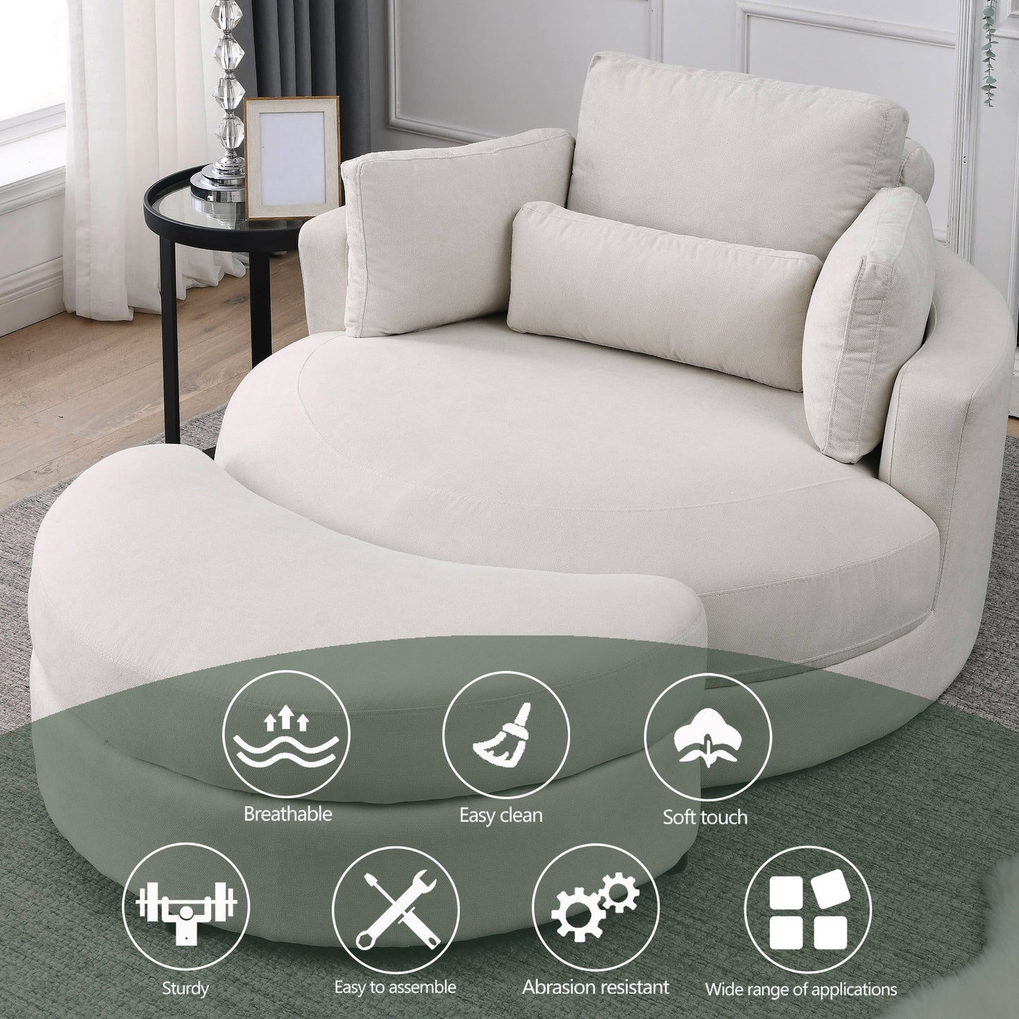 Swivel Accent Barrel Modern Sofa Lounge Club Big Round Chair With Storage Ottoman Linen Fabric for Living Room