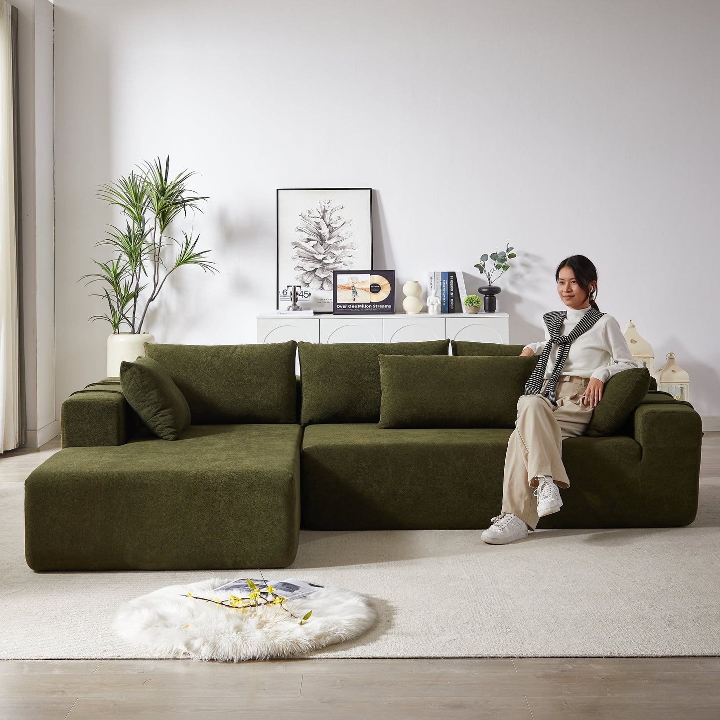 Modern Chenille Upholstered Sectional Sofa Couch Set,Modular 108" L Shaped Sectional Living Room Sofa Set With 6 Pillows