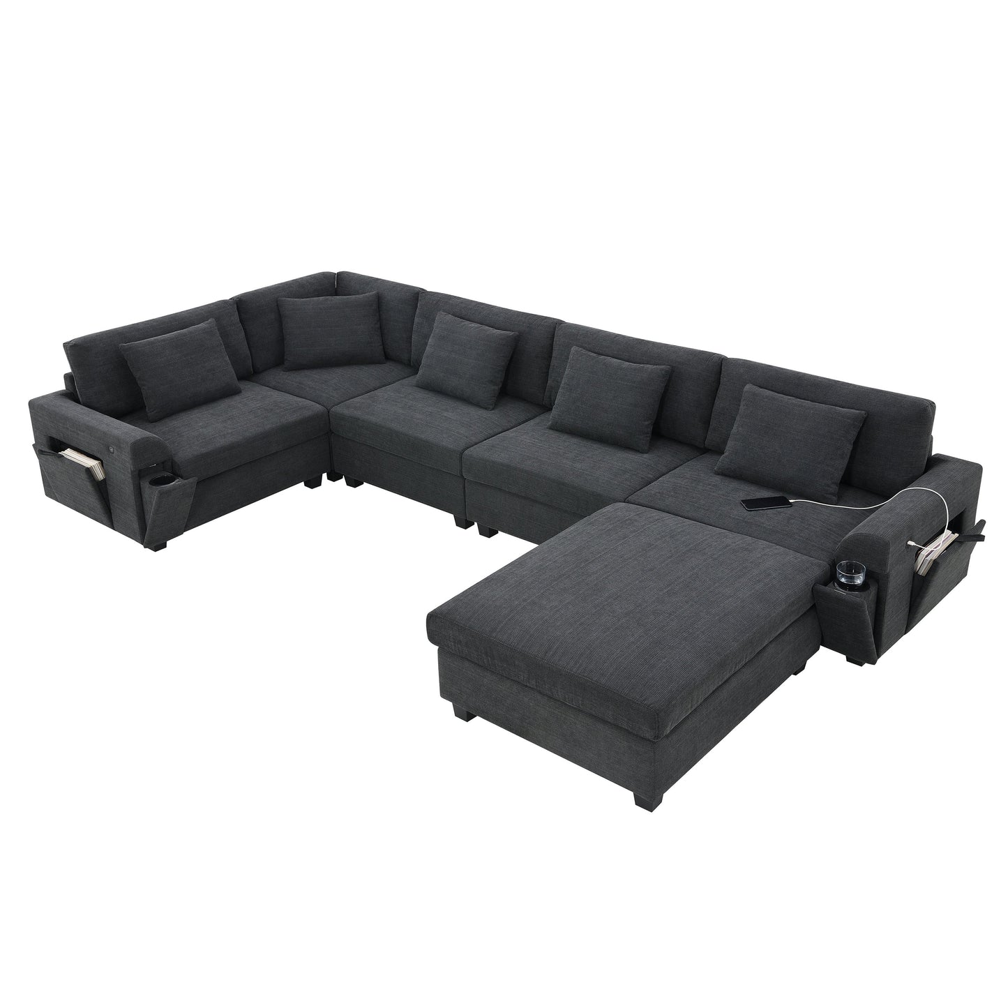 128*67" U Shaped Sectional Sofa,6 Seat Chenille Couch Set With Oversized Ottoman,Hidden Armrest Storage and Cup Holders