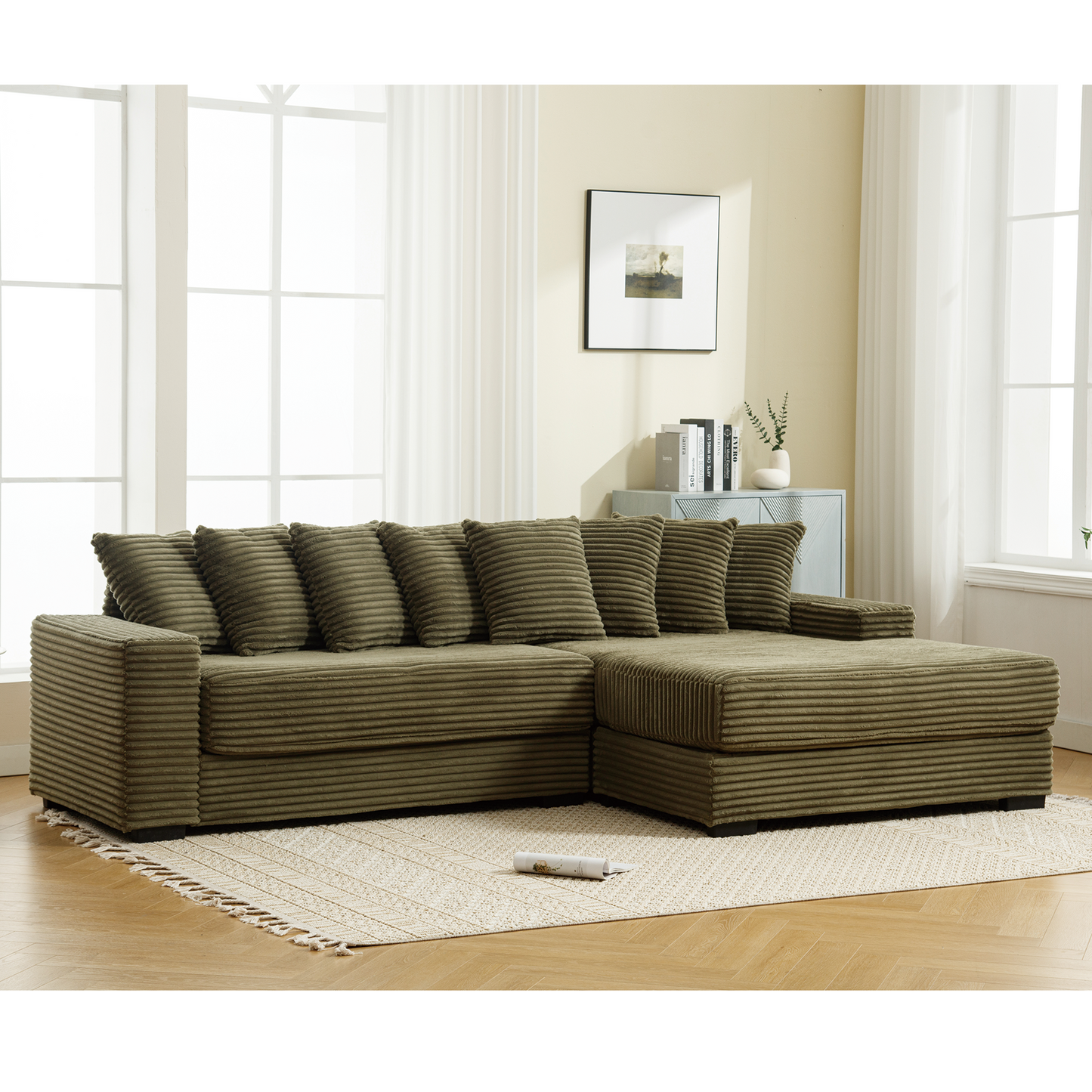 Oversized Two-Piece Couches, L Shaped Sofa, Corduroy, Right Chaise Daybed,with Armrests,Eight Throw Pillows,Corner Sofa
