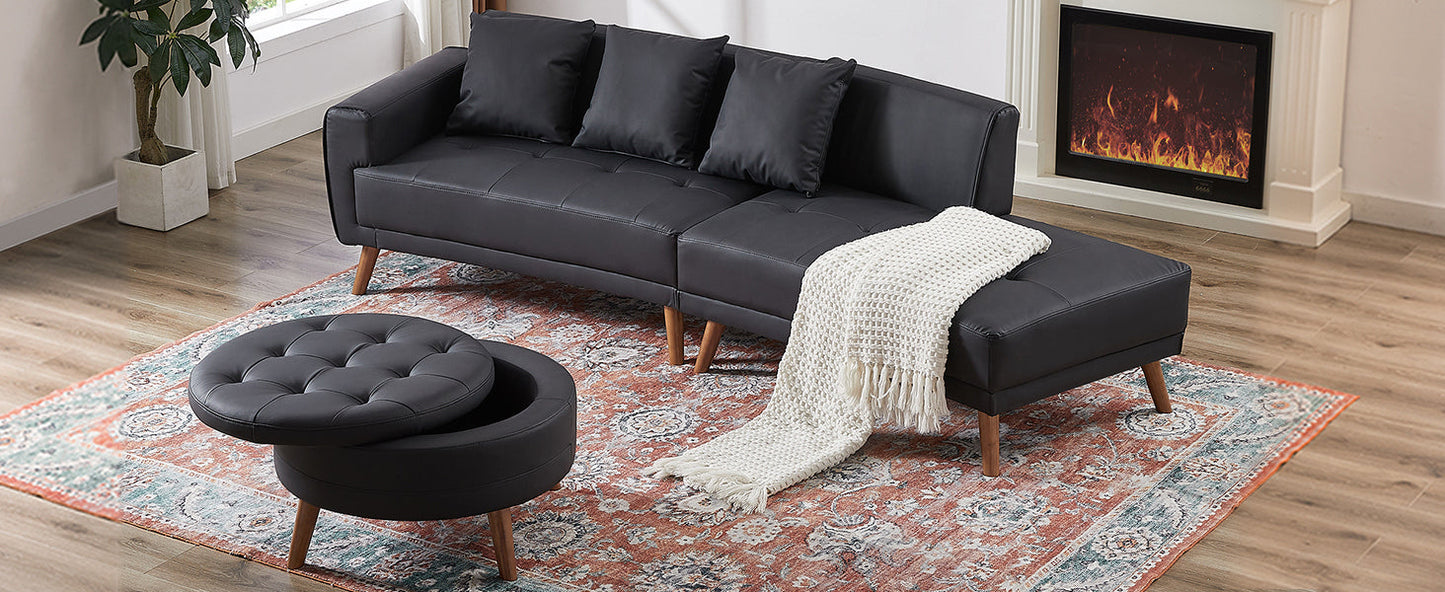 107" Contemporary Sofa Stylish Sofa Couch With a Round Storage Ottoman and Three Removable Pillows for Living Room, Black