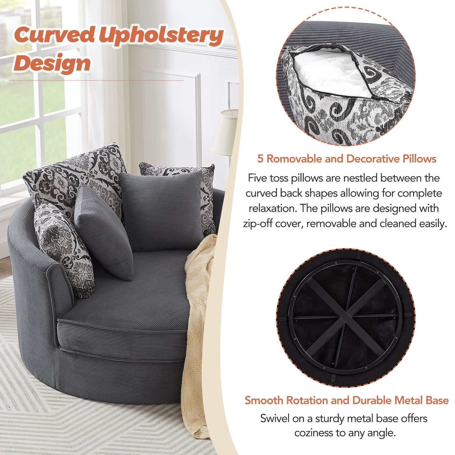 Swivel Accent Barrel Chair With 5 Movable Pillow 360 Degree Swivel Round Sofa Chair for Living Room,Bedroom, Hotel