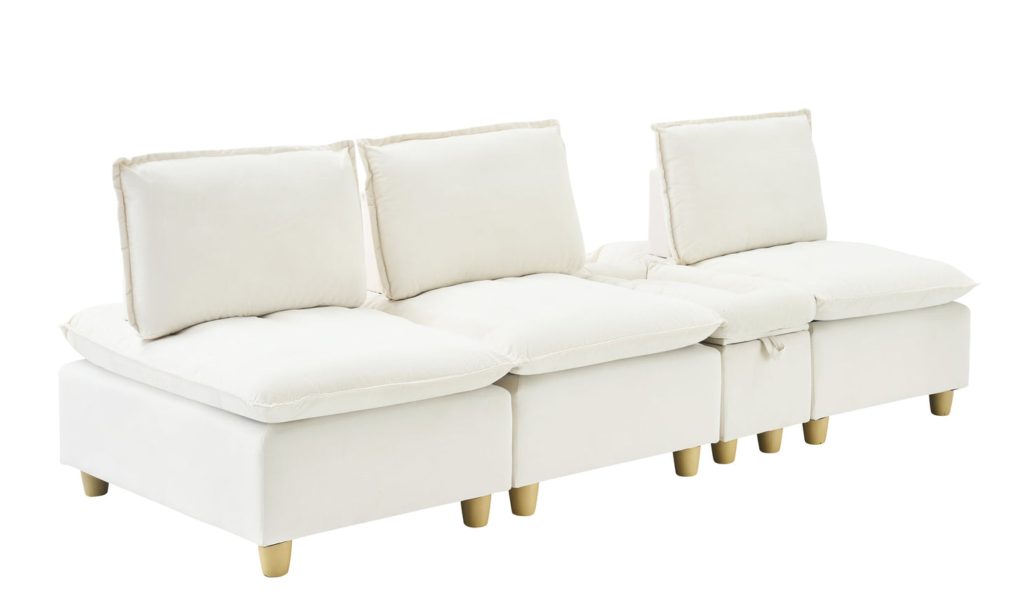 104-Inch Fashionable and Minimalist Straight-Row Three-Seater Off-White Flannel Sofa With a Storage Compartment, Cup Holder